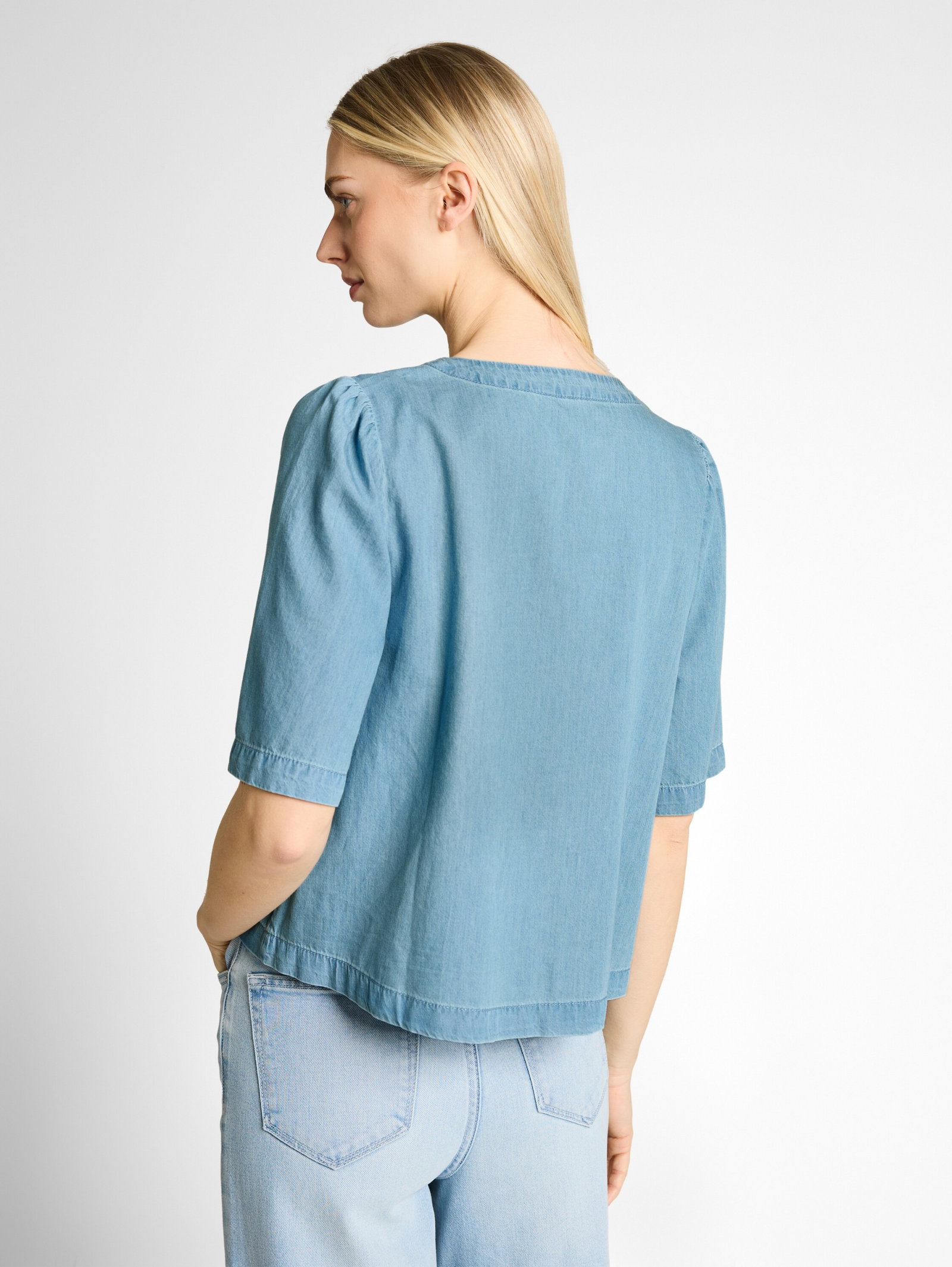 denim blouse with bow, Clean Light Stone Blue Denim #4