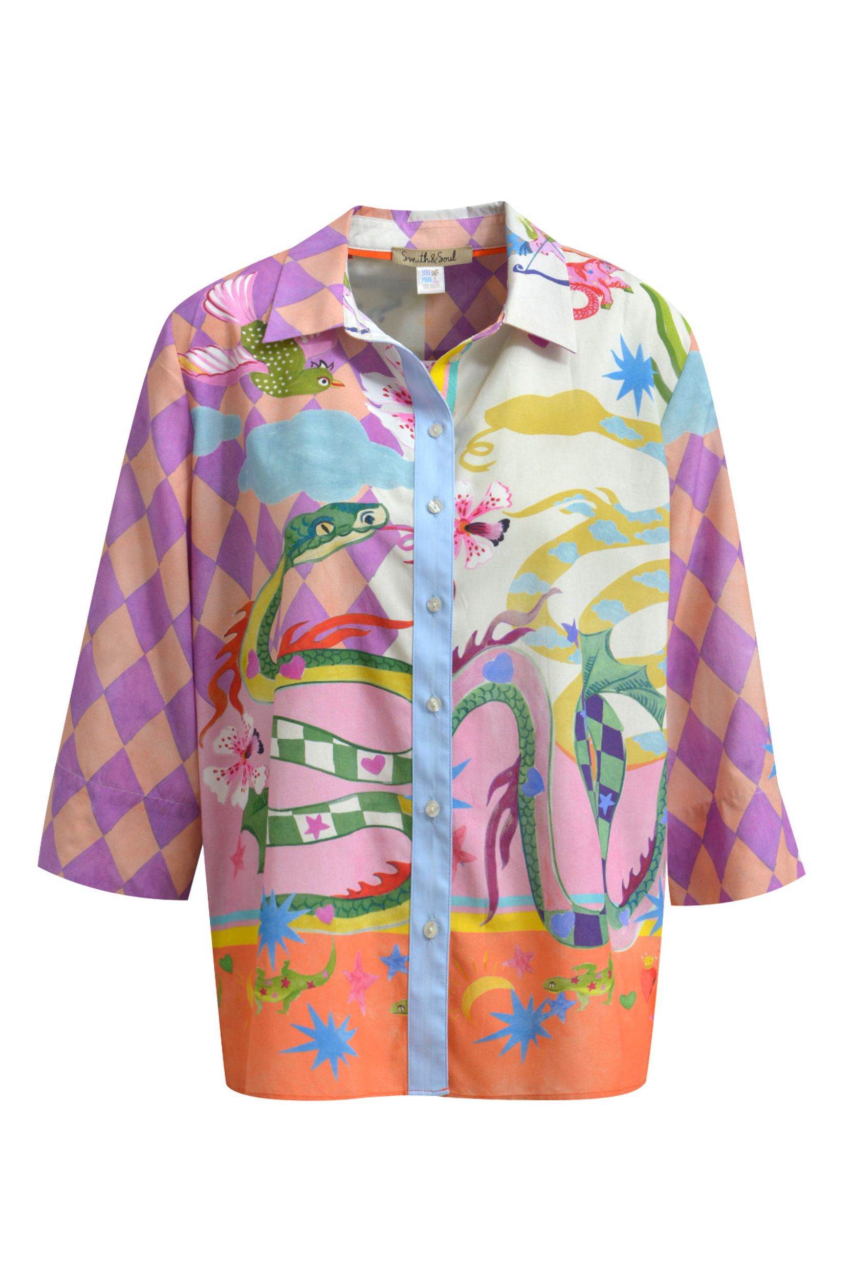  |  ELBOW SLV SHIRT COLLAR BLOUSE, LAVENDER PRINT | S | lavender print