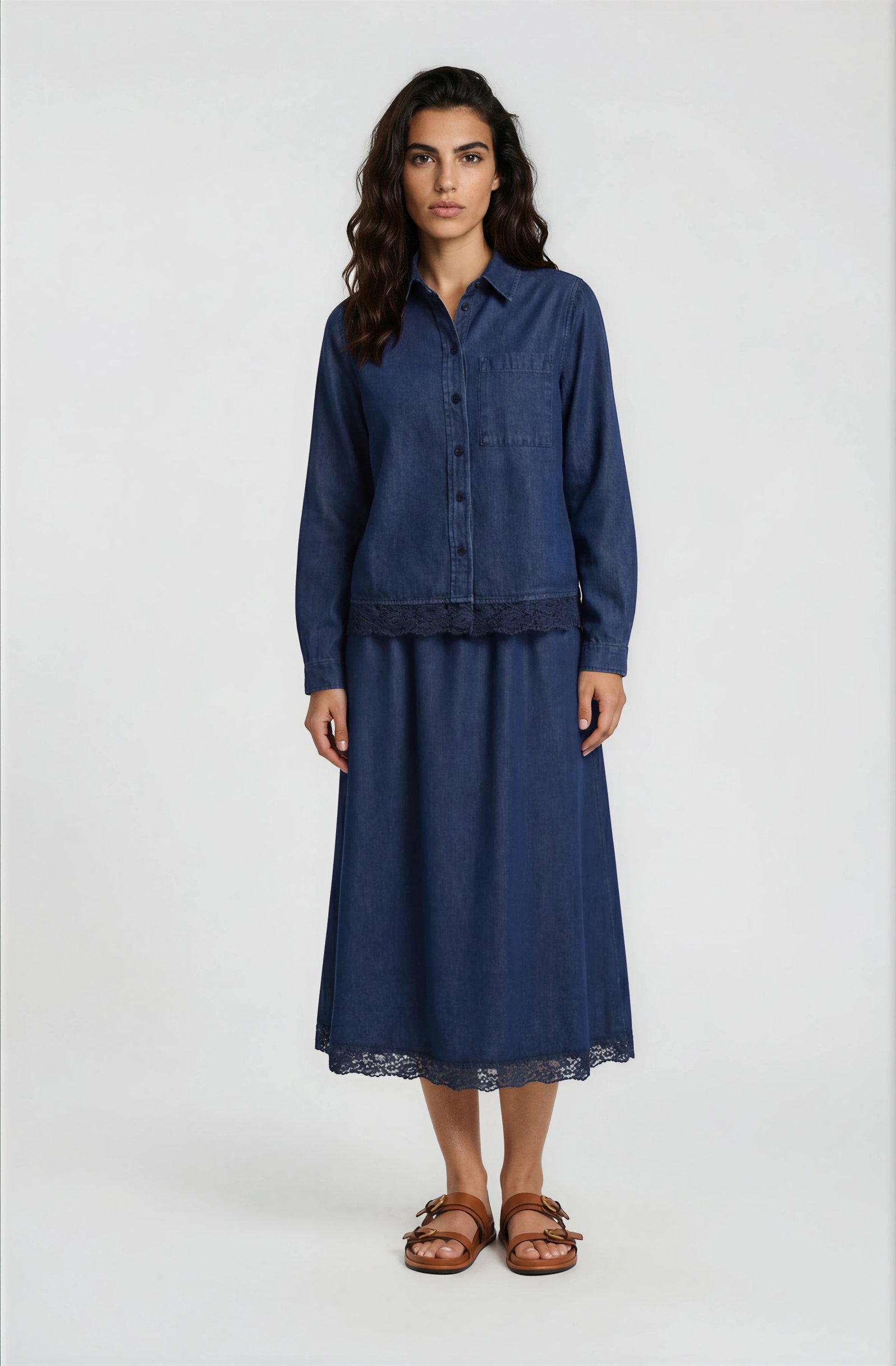 SHIRT WITH CHEST POCKET LACE AT HEM, DARK DENIM #1