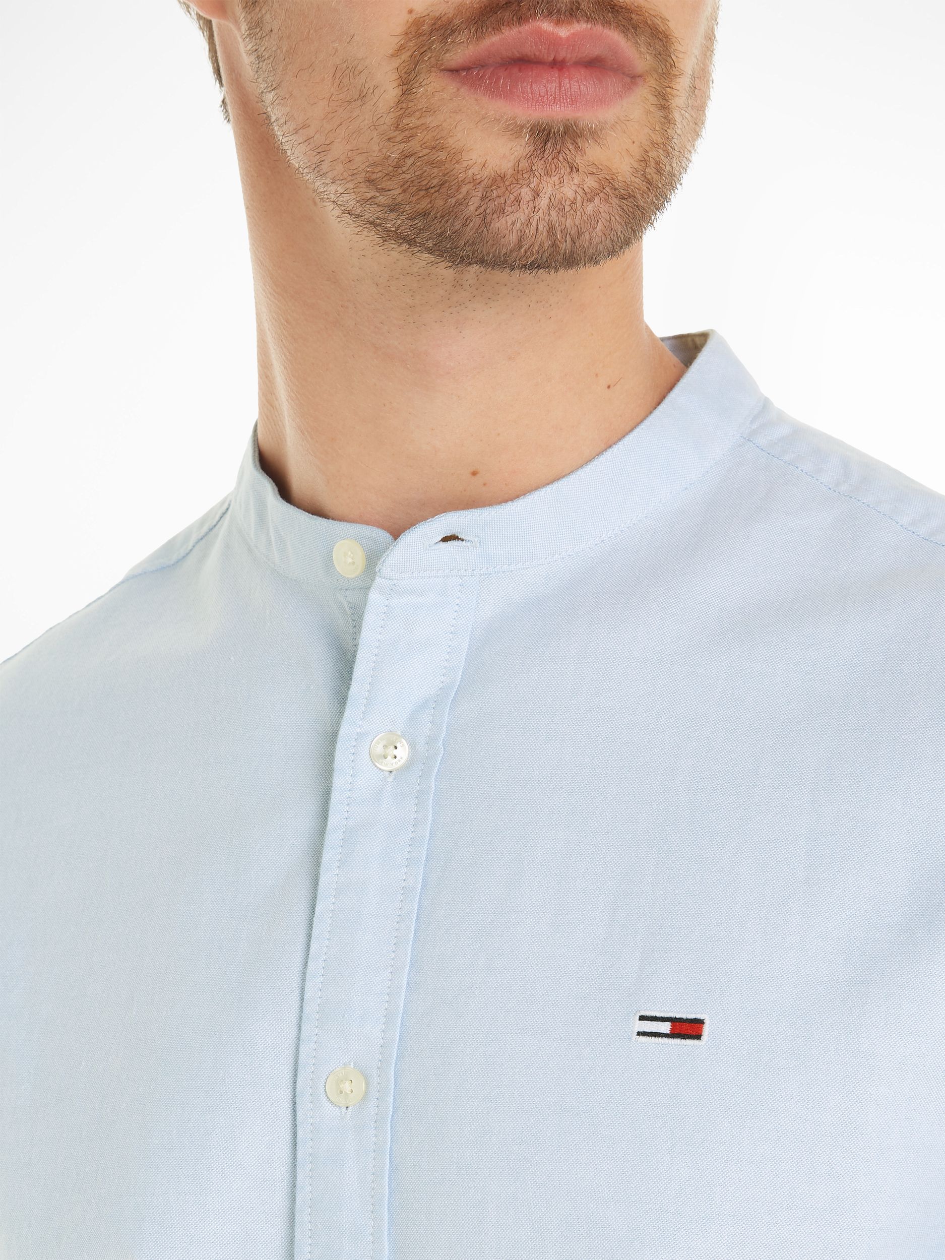  |  TJM REG OXFORD MAO SHIRT, WHITE | M | moderate blue stripe