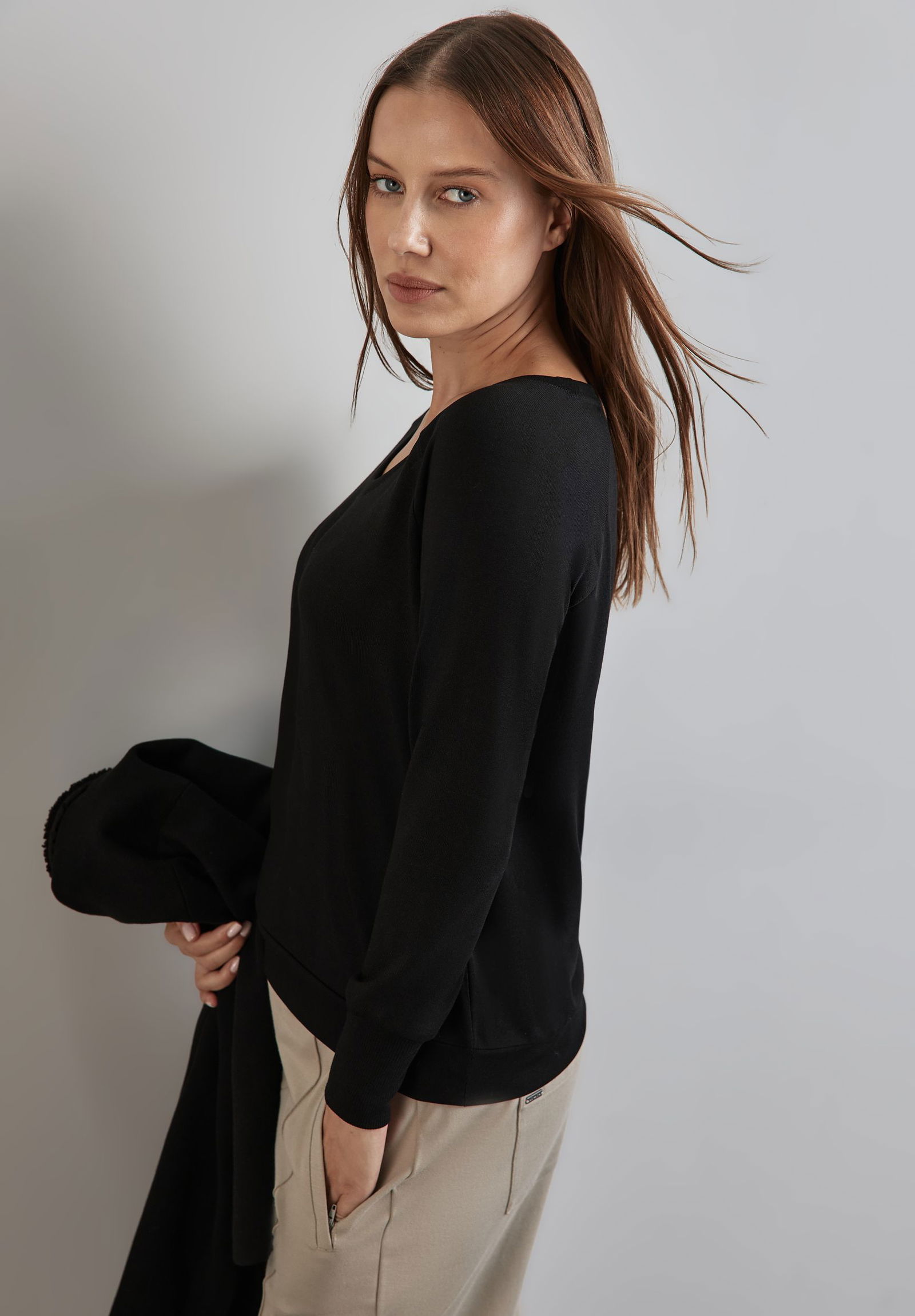  | knit look shirt w.rib cuffs, Black | 38 | black