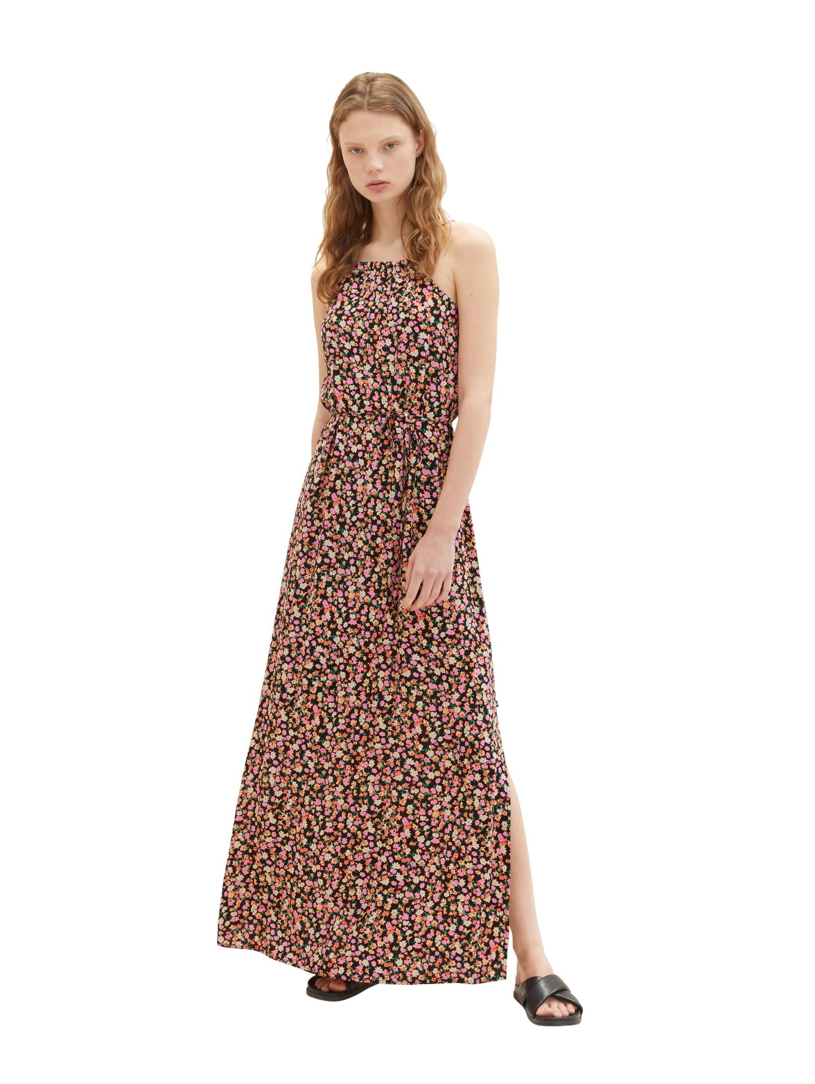 american neckline maxi dress, black flower print #6
