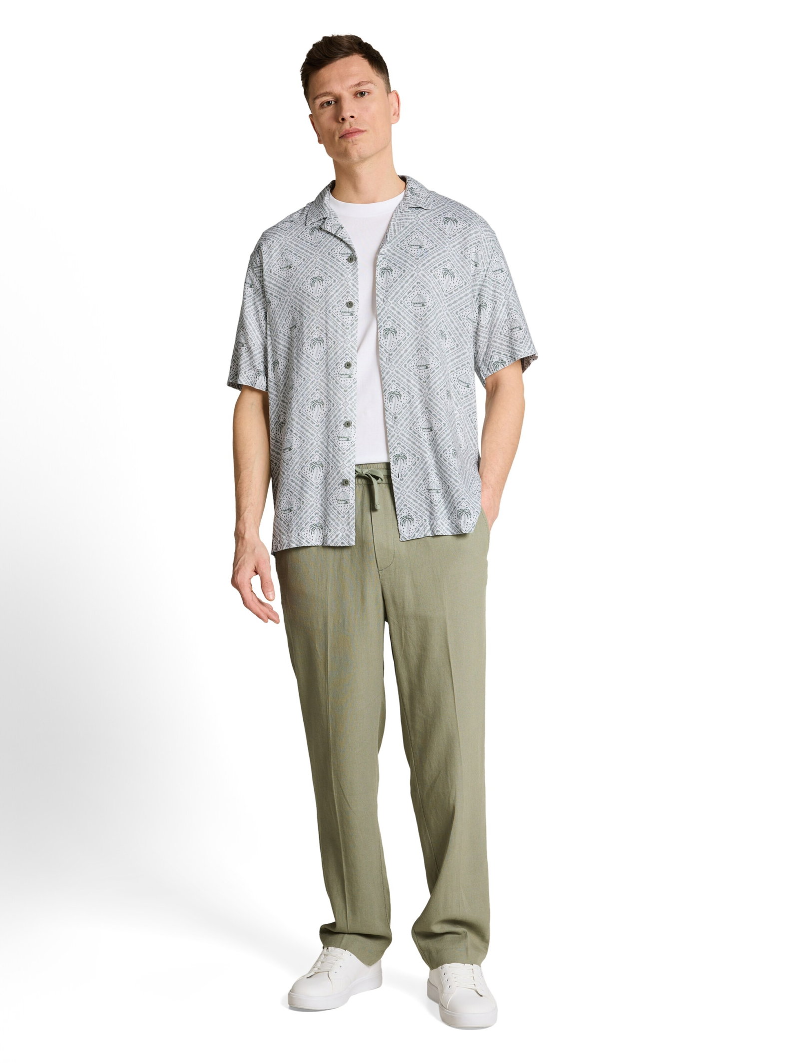 relaxed printed viscose linen, green white tropical print #3