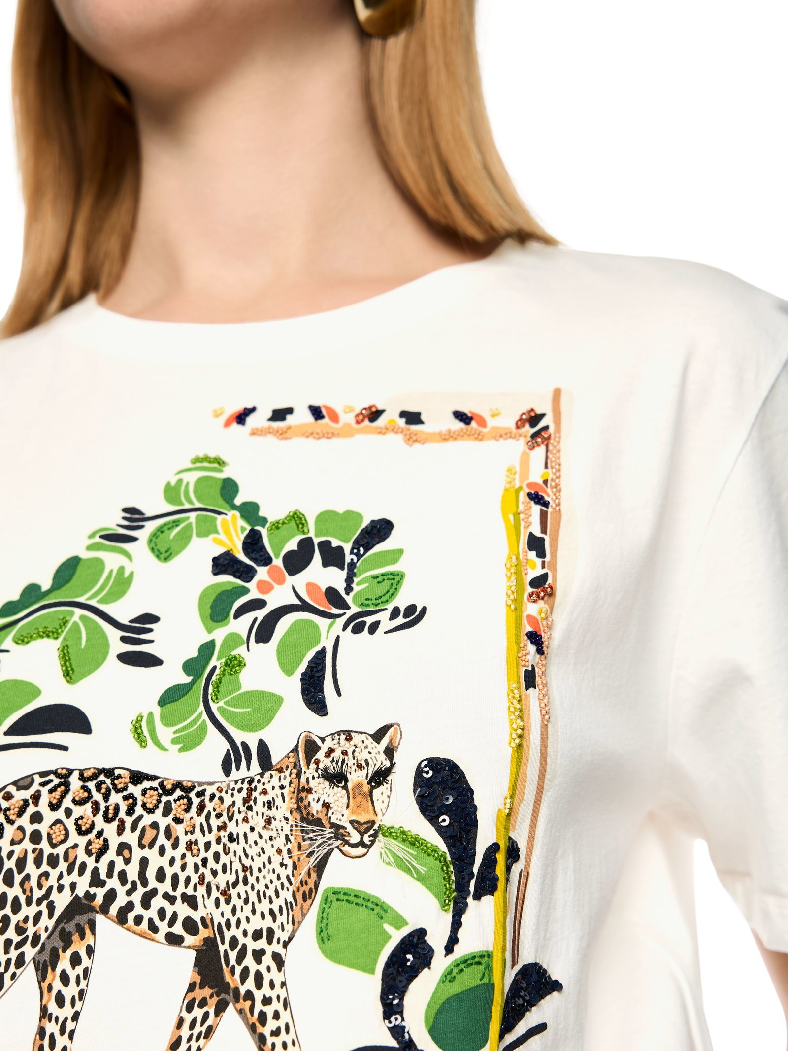 Marc Cain Collections |  Baumwoll-Shirt mit Leo-Motiv | 38 | off-white