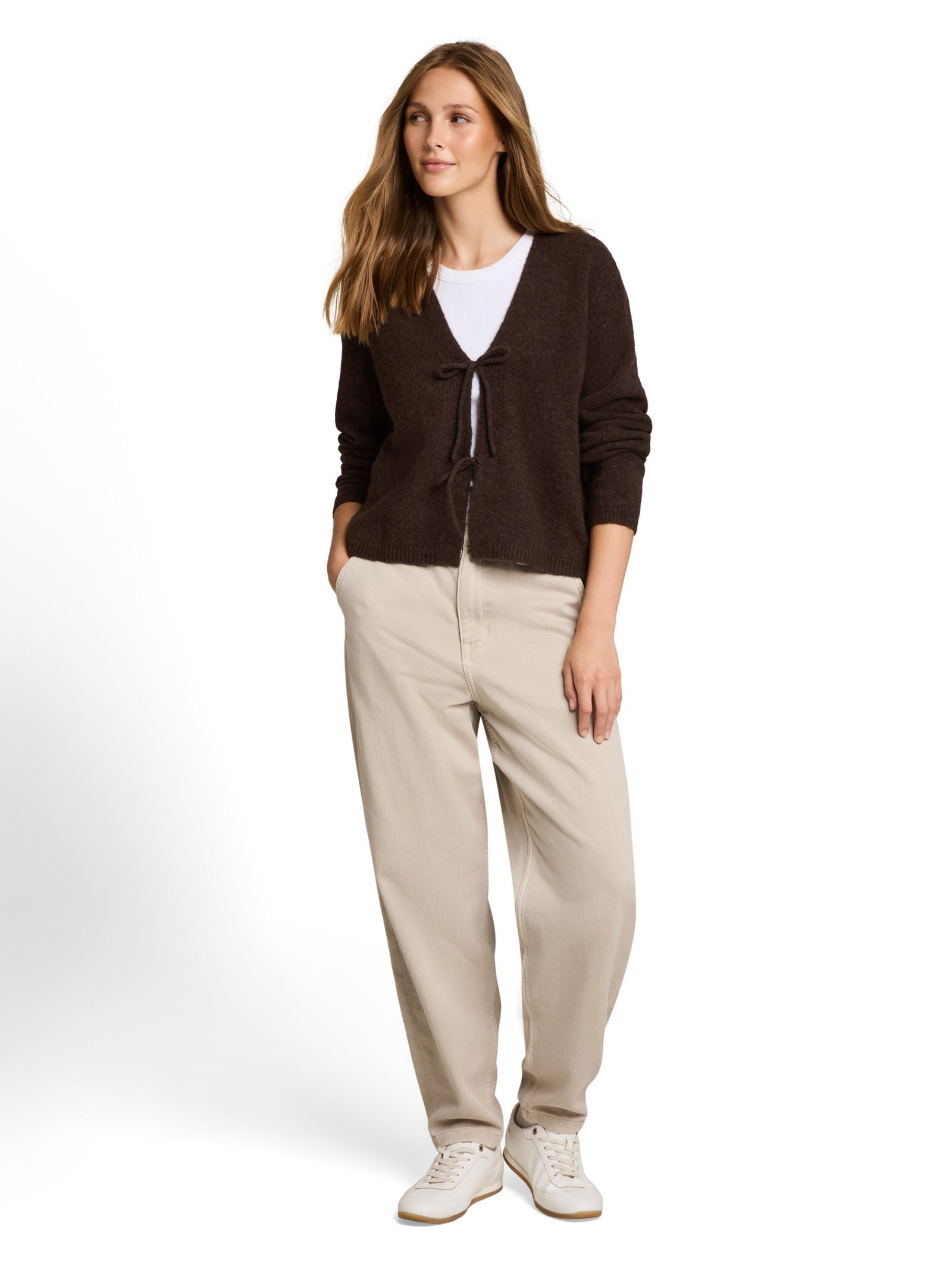 knit cardigan with bow detail, cool dark brown melange #3