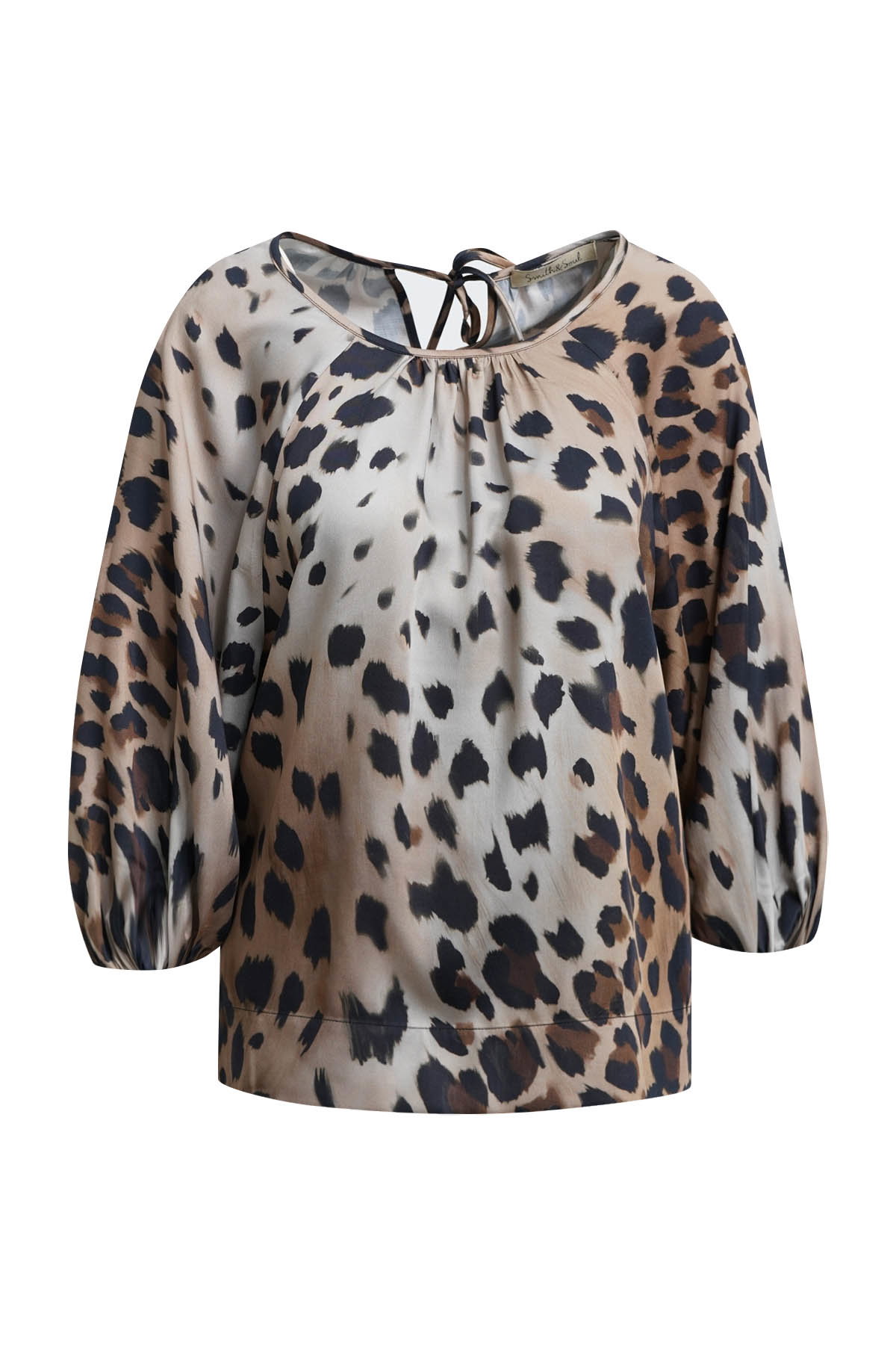 GATHERED NECL BLOUSE W SHORT VOLANT, DARK CHOC PRINT #1