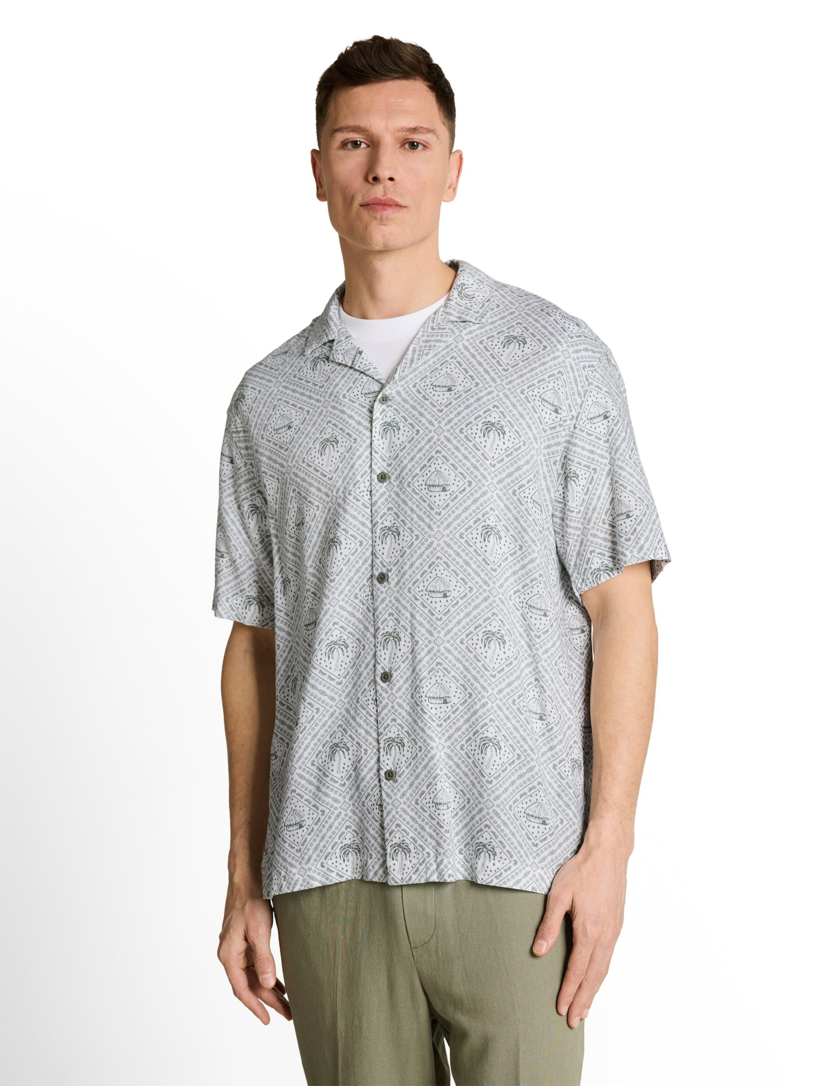 relaxed printed viscose linen, green white tropical print #5