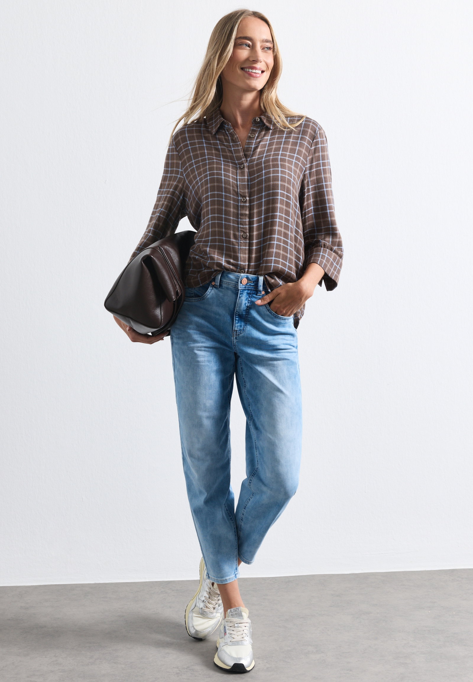 LTD QR check shirtcollar blous, silk brown #5
