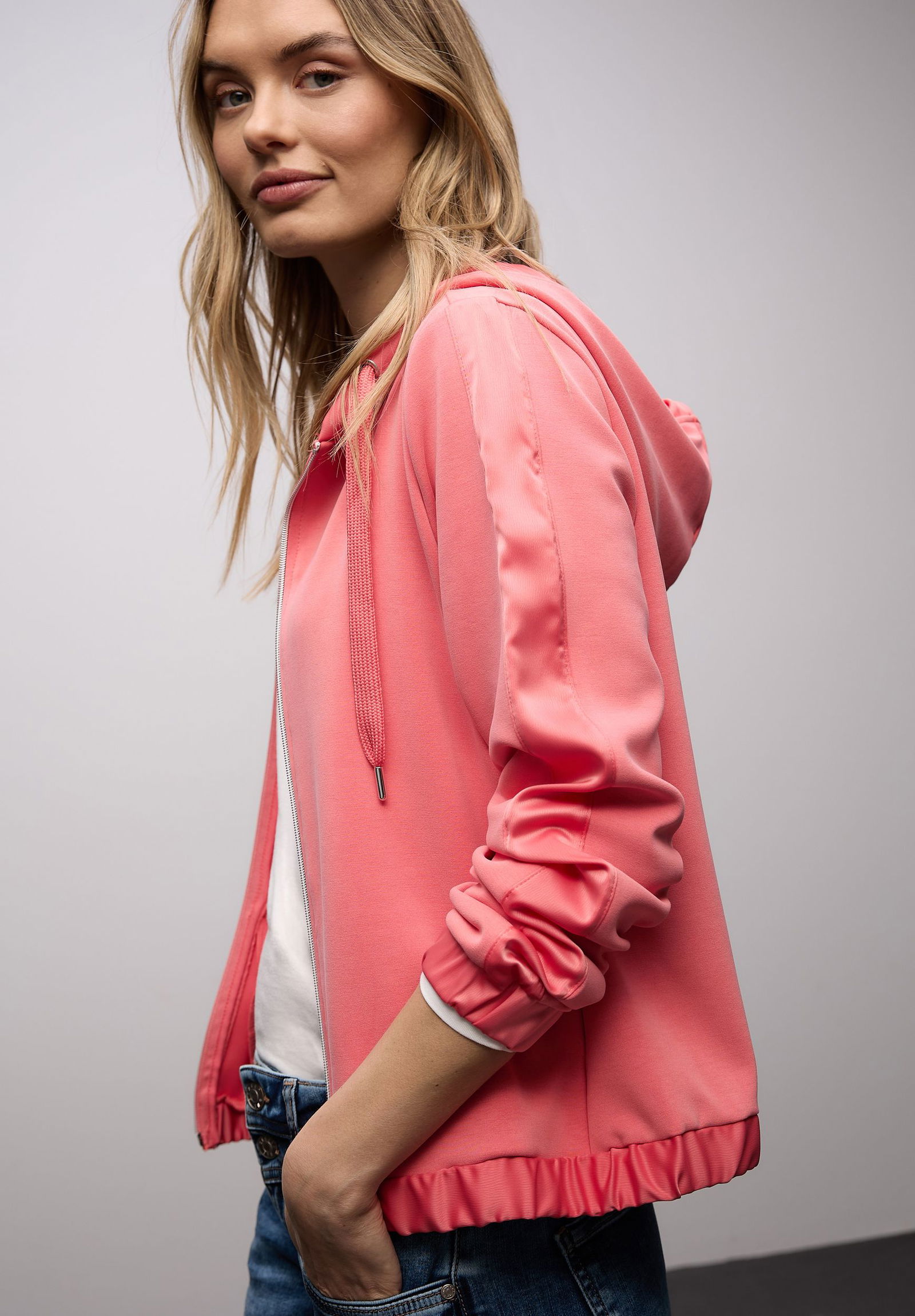 |  short silk look hoody jacket w, striking coral | 38 | 4565_17261