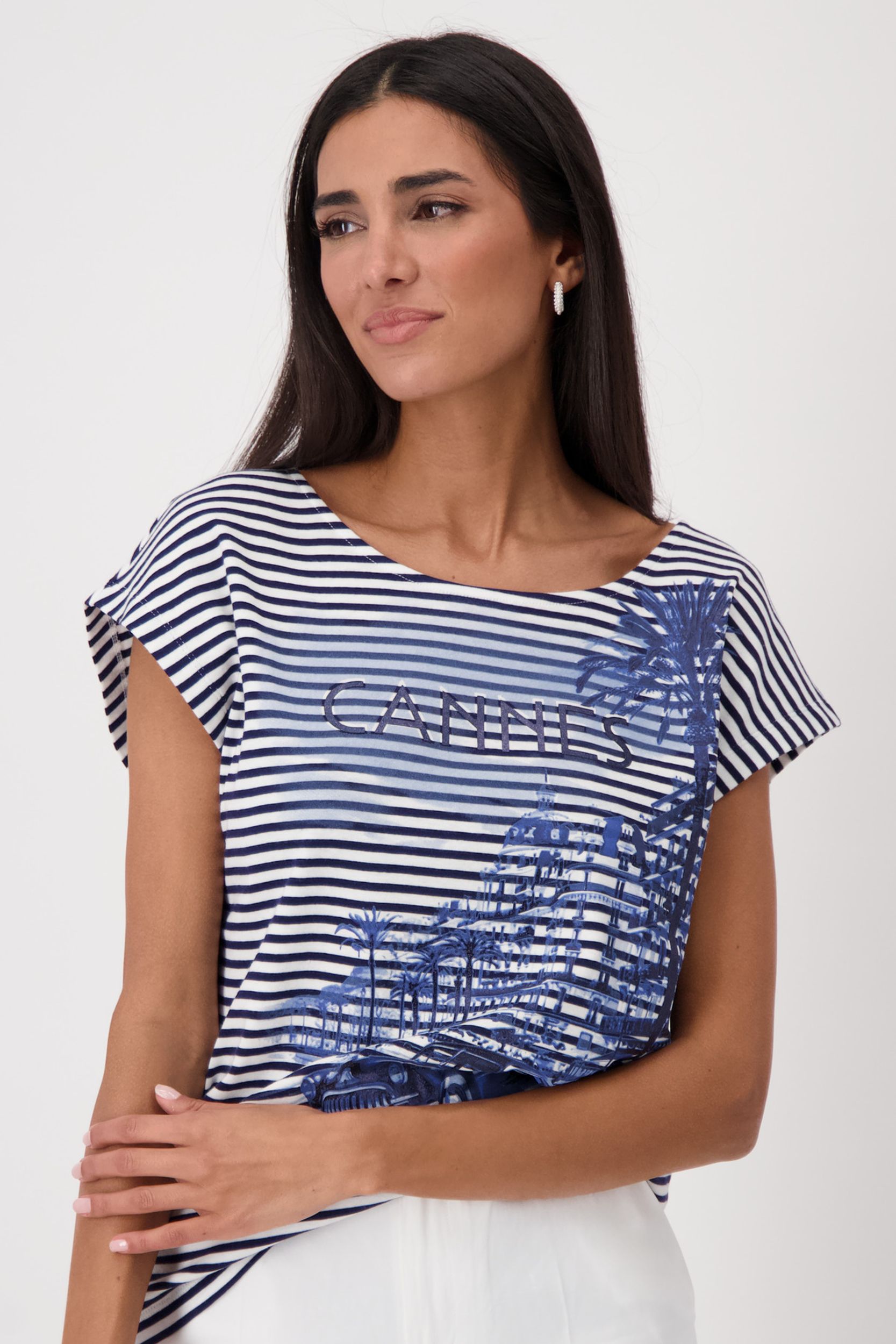 Monari |  T-Shirt, navy blue ringel | 40