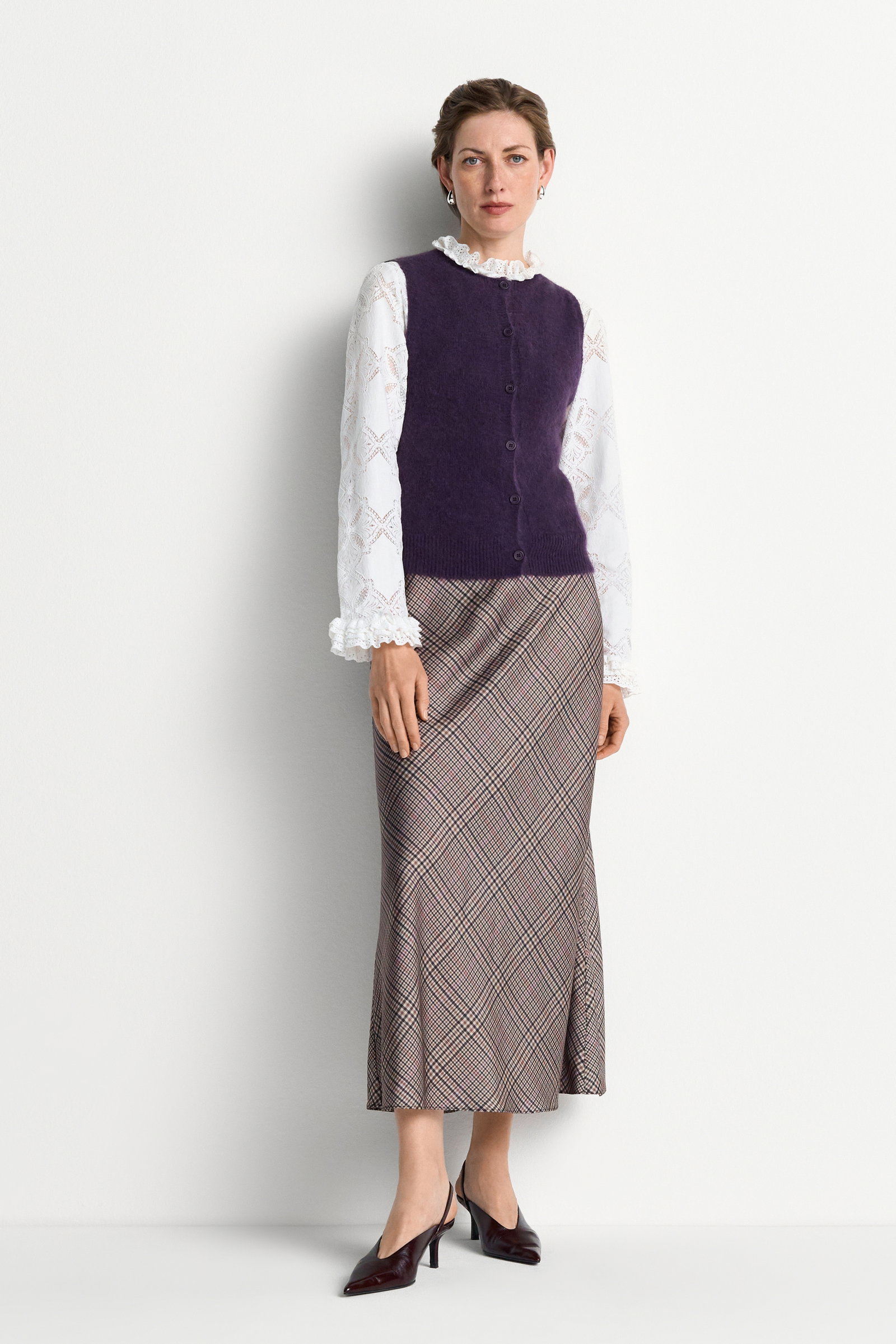 Printed Satin Midi Skirt with Check, hazel #2