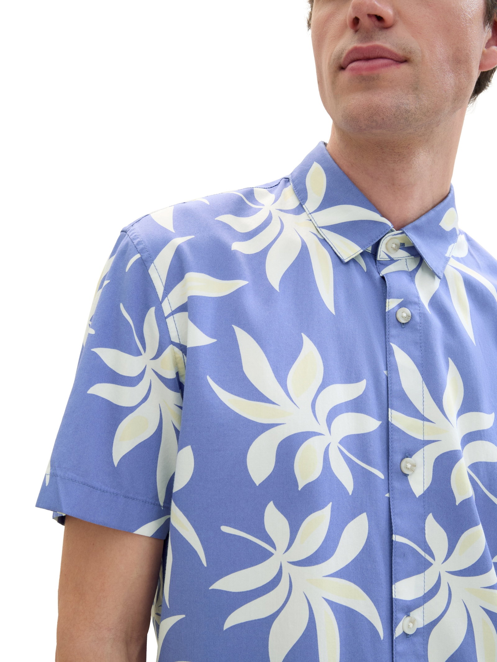 printed viscose cotton shirt, blue summer leaf print #6