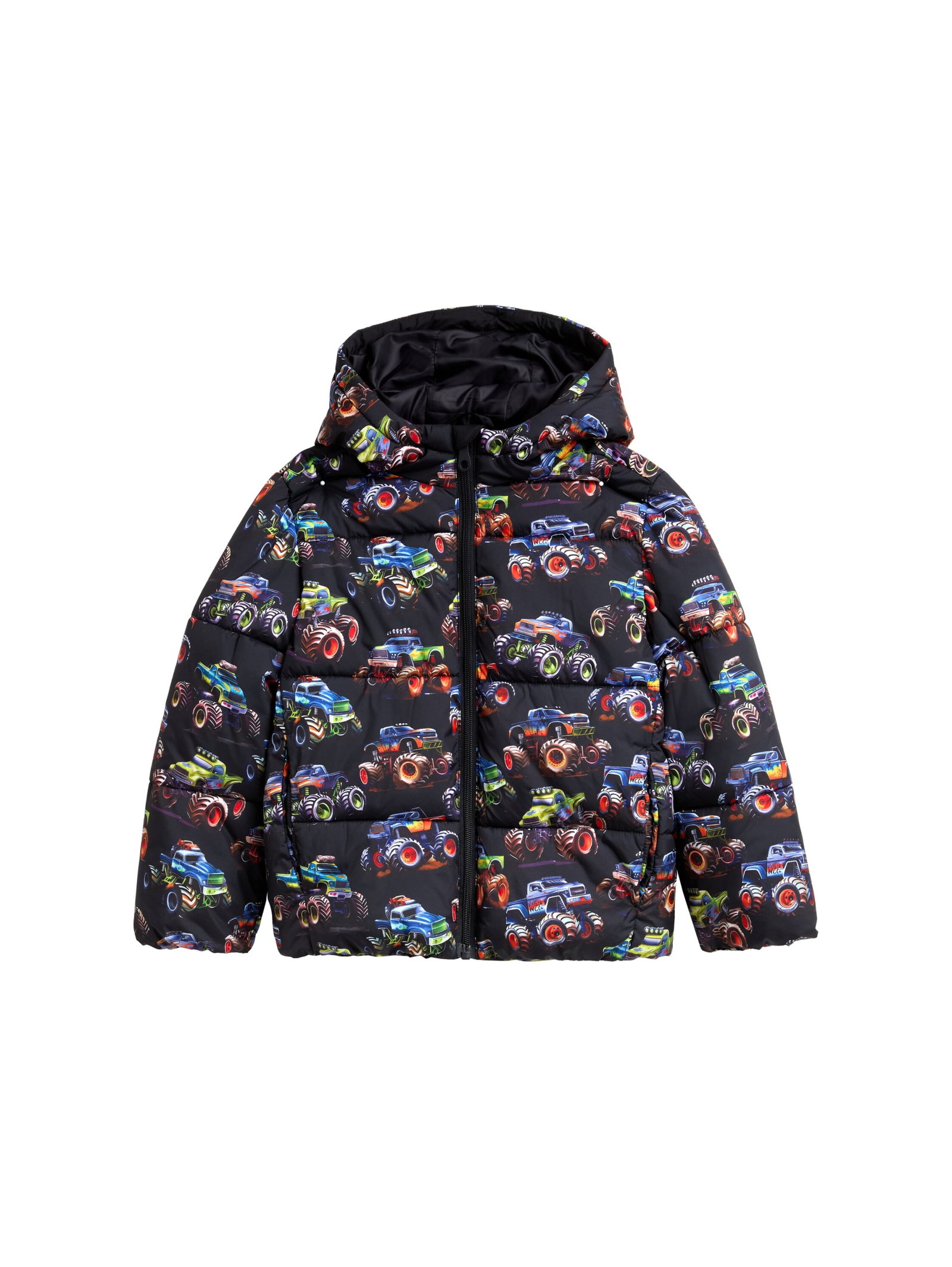 printed puffer jacket, dark multicolor car design #1