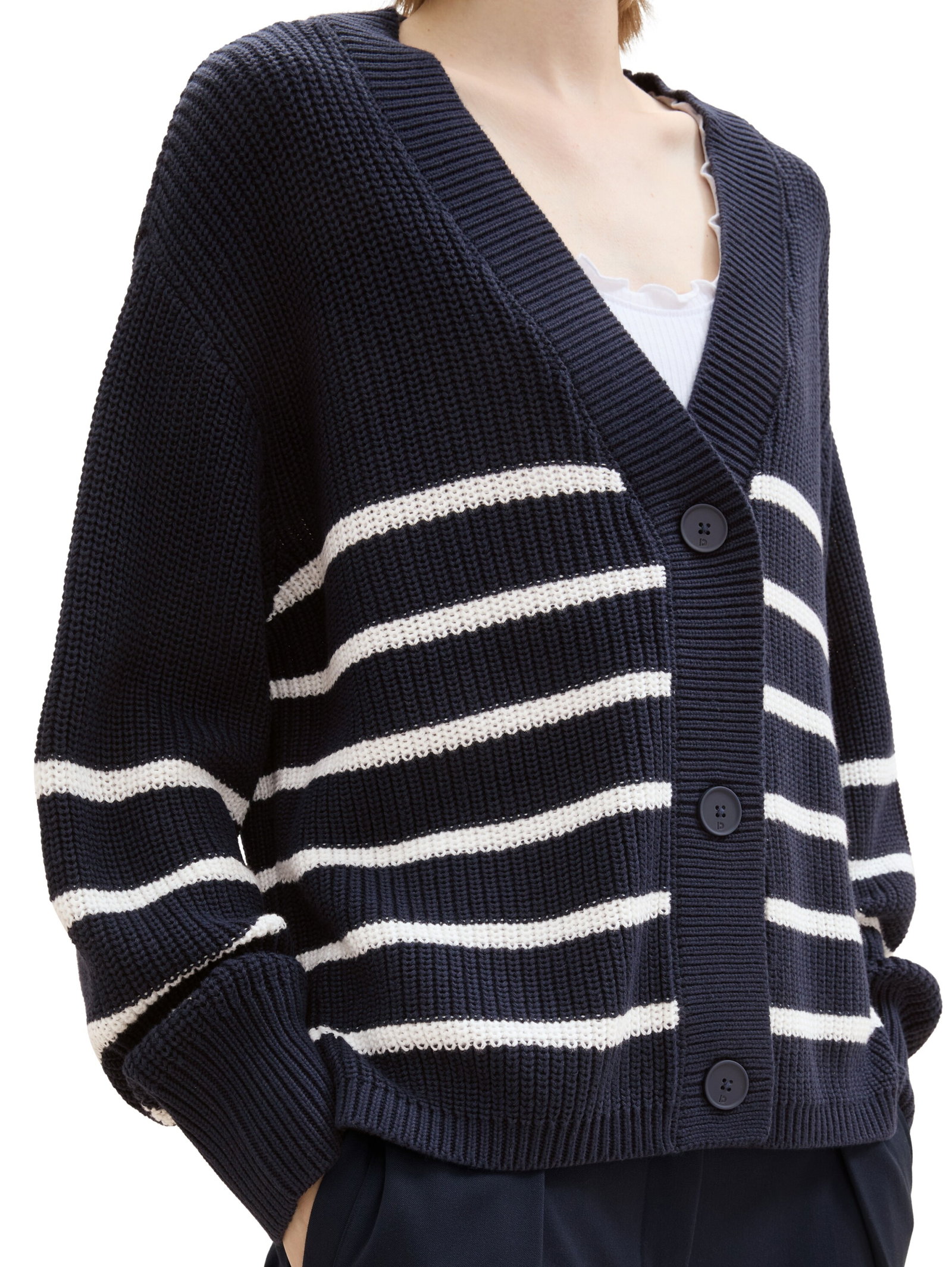 v-neck cardigan, placed navy white stripe #6