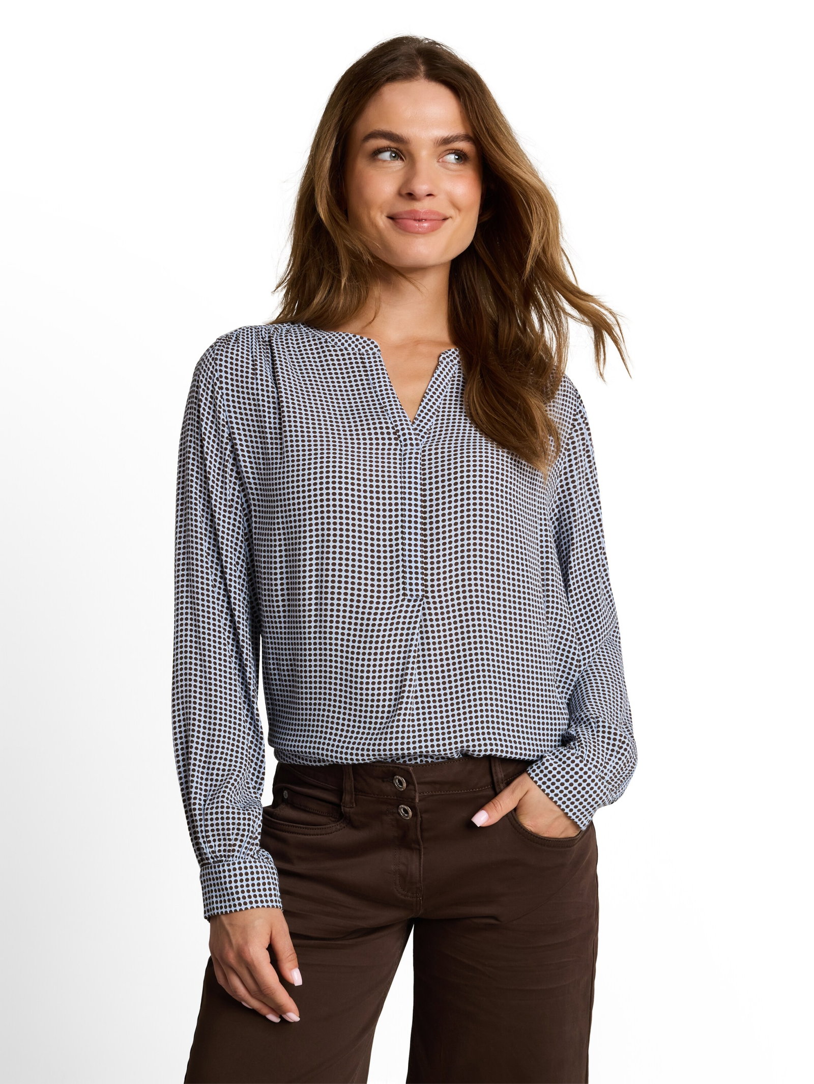 blouse easy longsleeves shape, small blue brown dot print #9