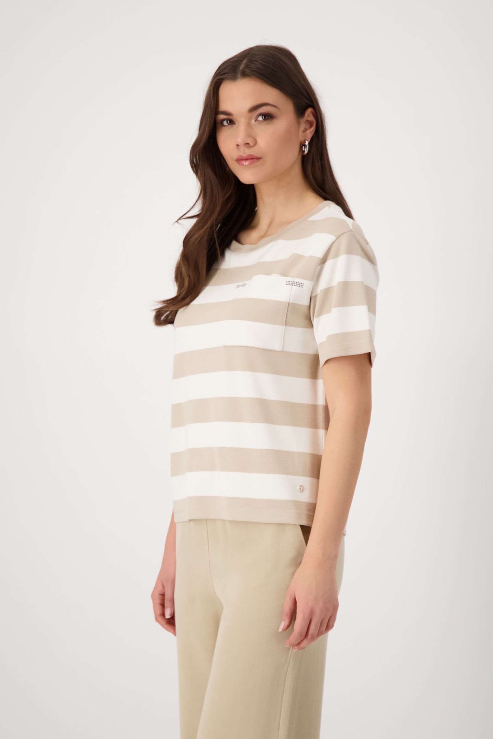 Monari |  T-Shirt, schwarz Ringel | 46 | camel ringel
