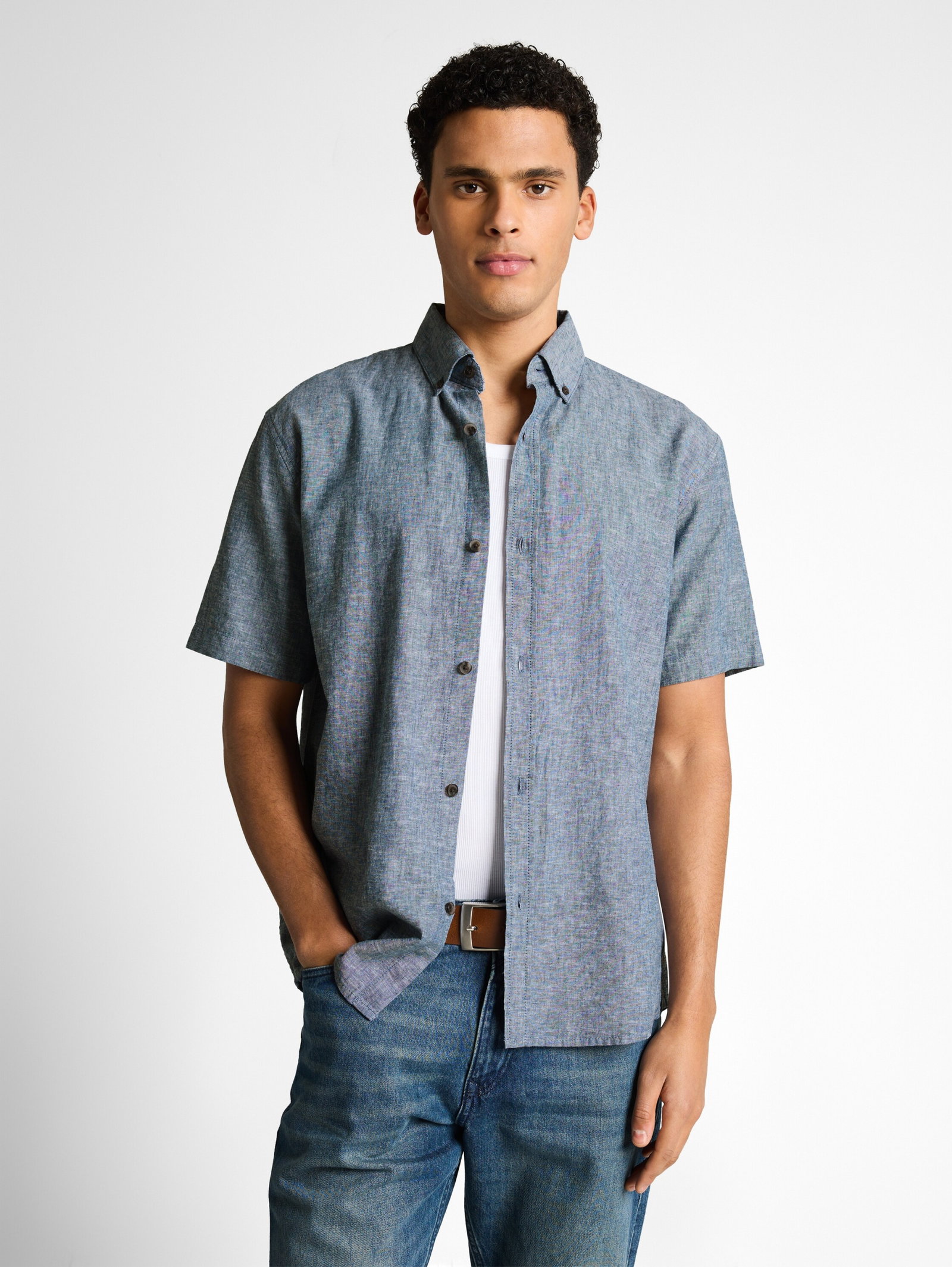 relaxed cotton linen shirt, nighttime blue chambray #5