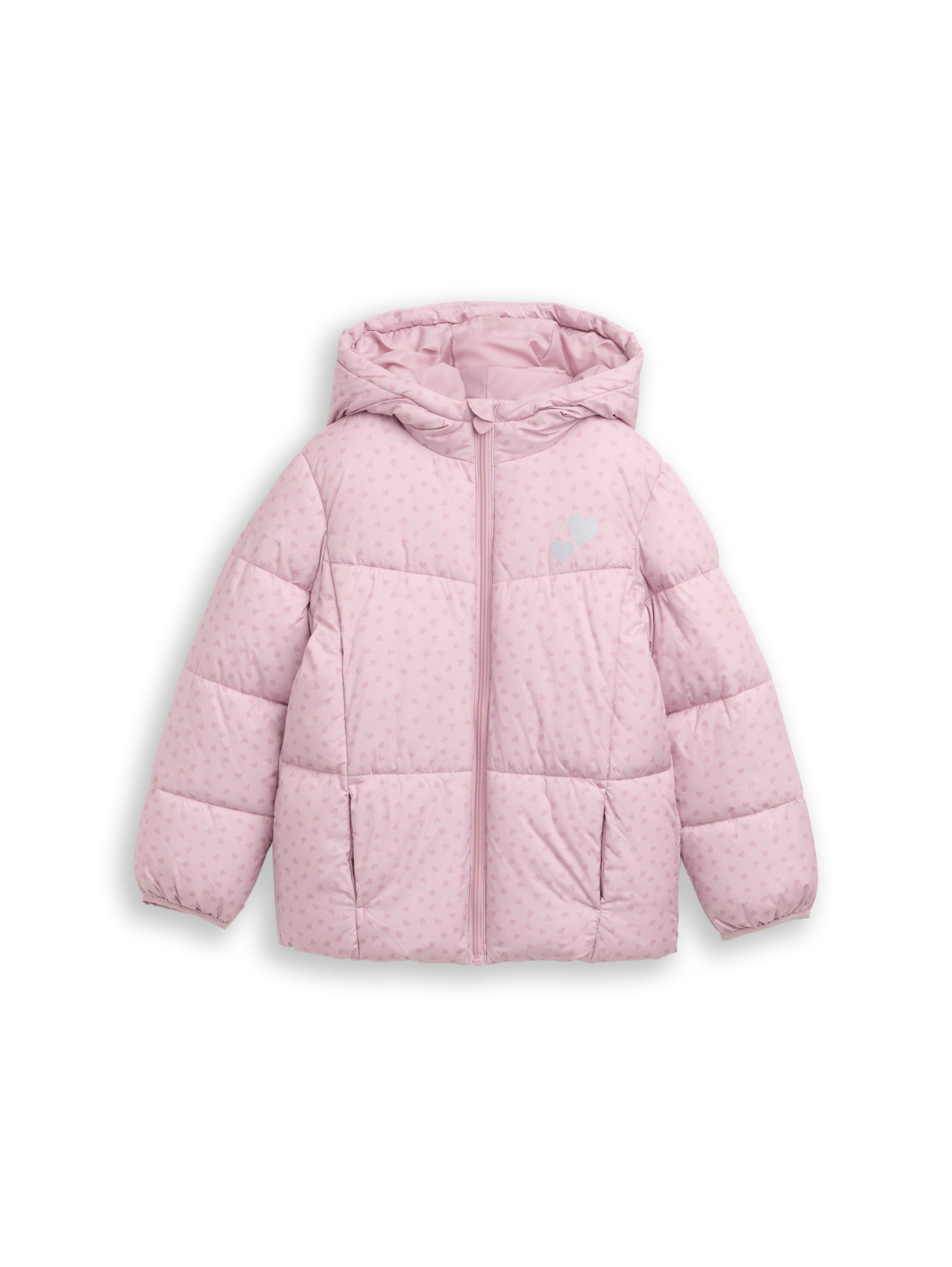 all over printed puffer jacket, lilac heart print #1