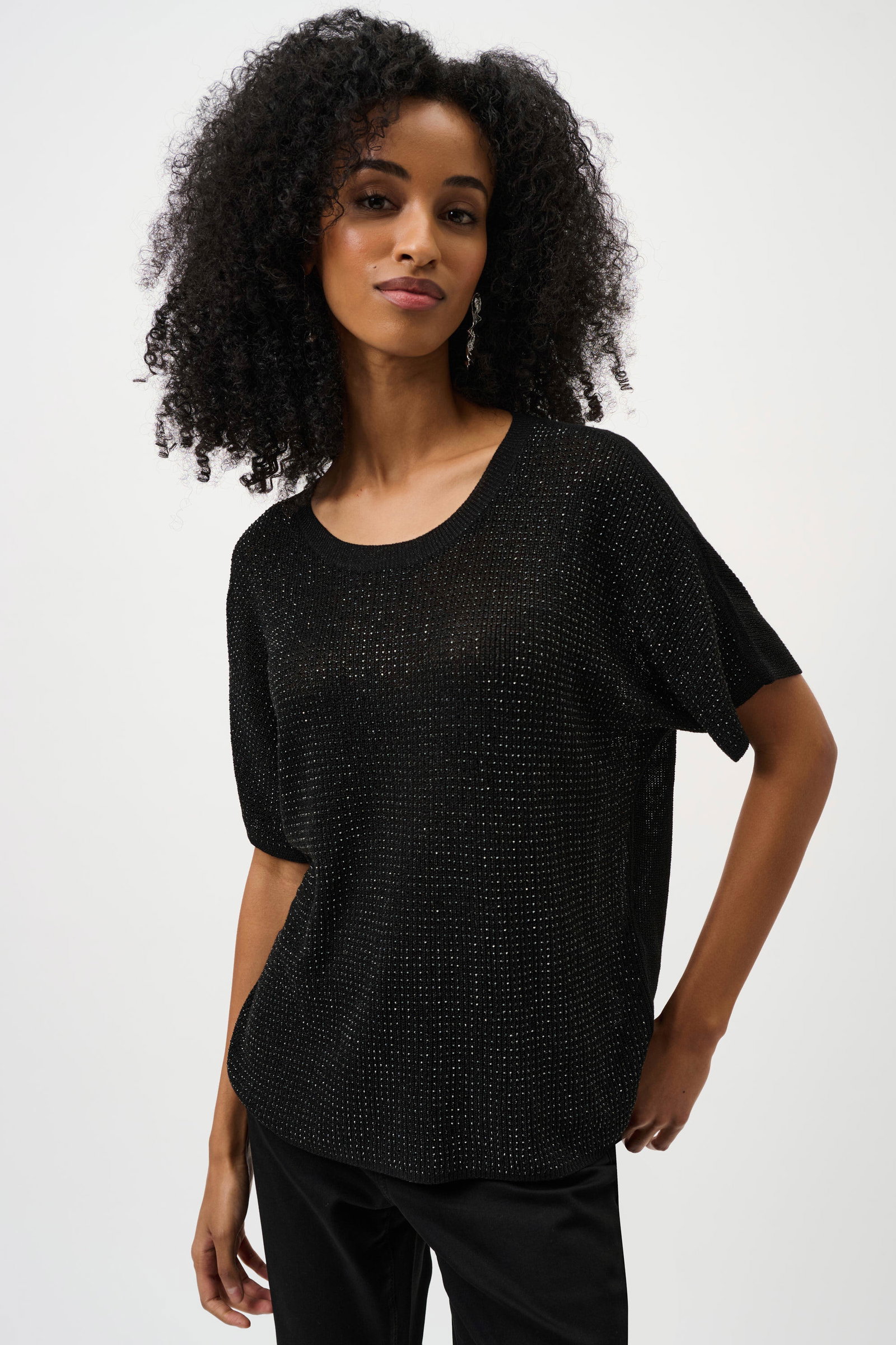 Joseph Ribkoff Pullover Schwarz kurzarm-Stricktop mit Strass-Details und Glanzgarn #1