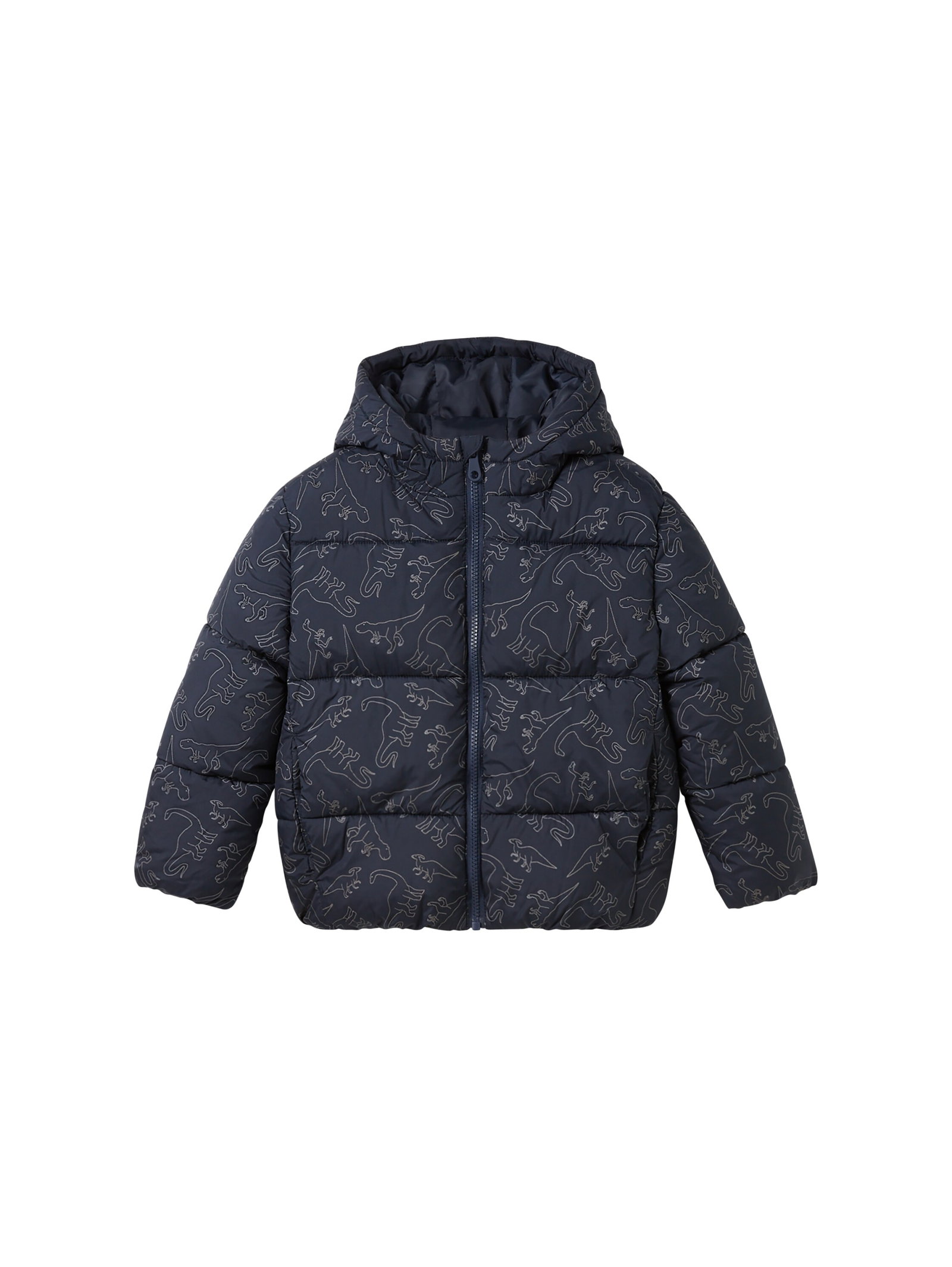 allover printed puffer jacket, navy outlined dino design #1