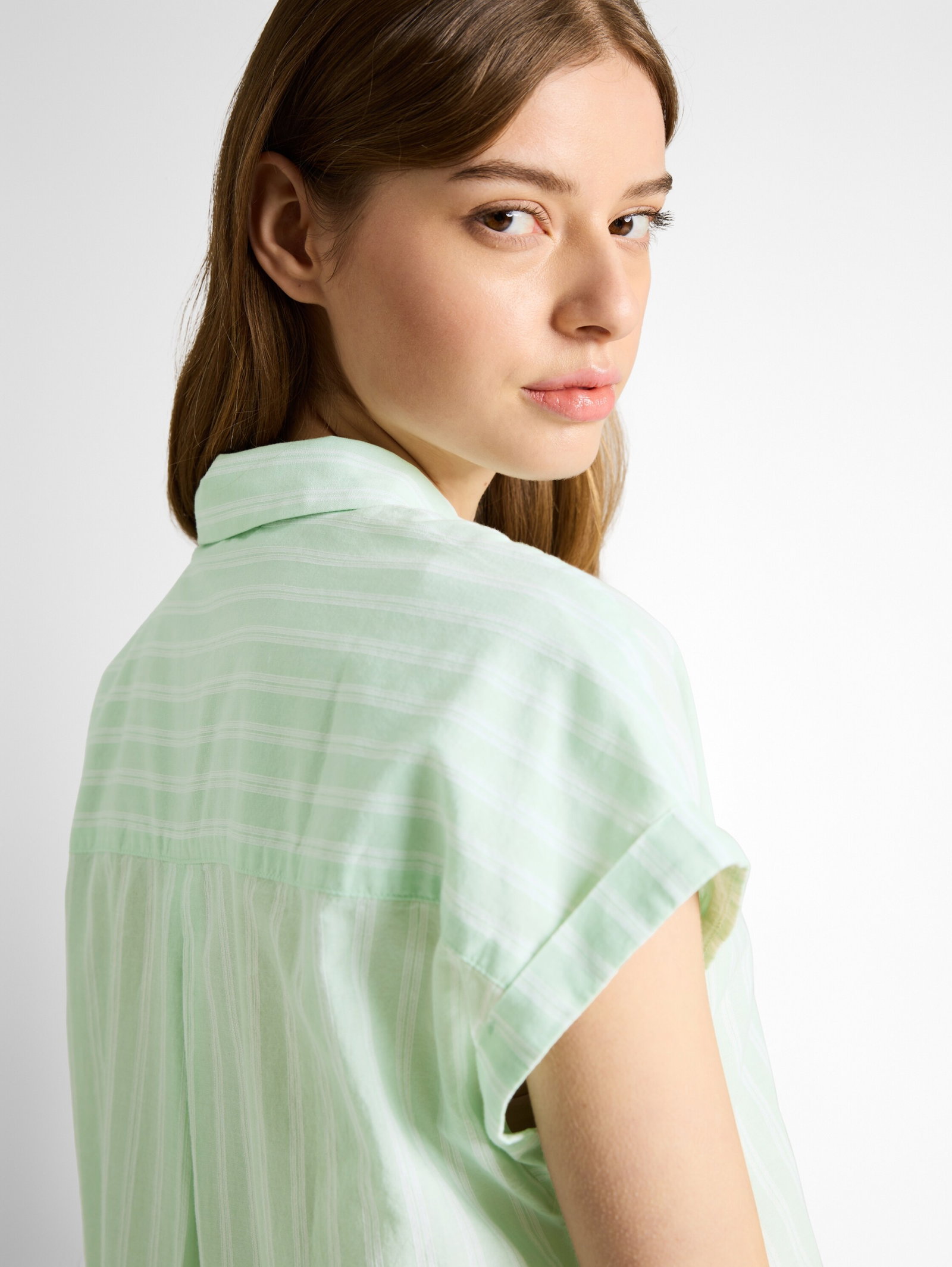 shortsleeve cotton shirt, matcha green white stripe #6