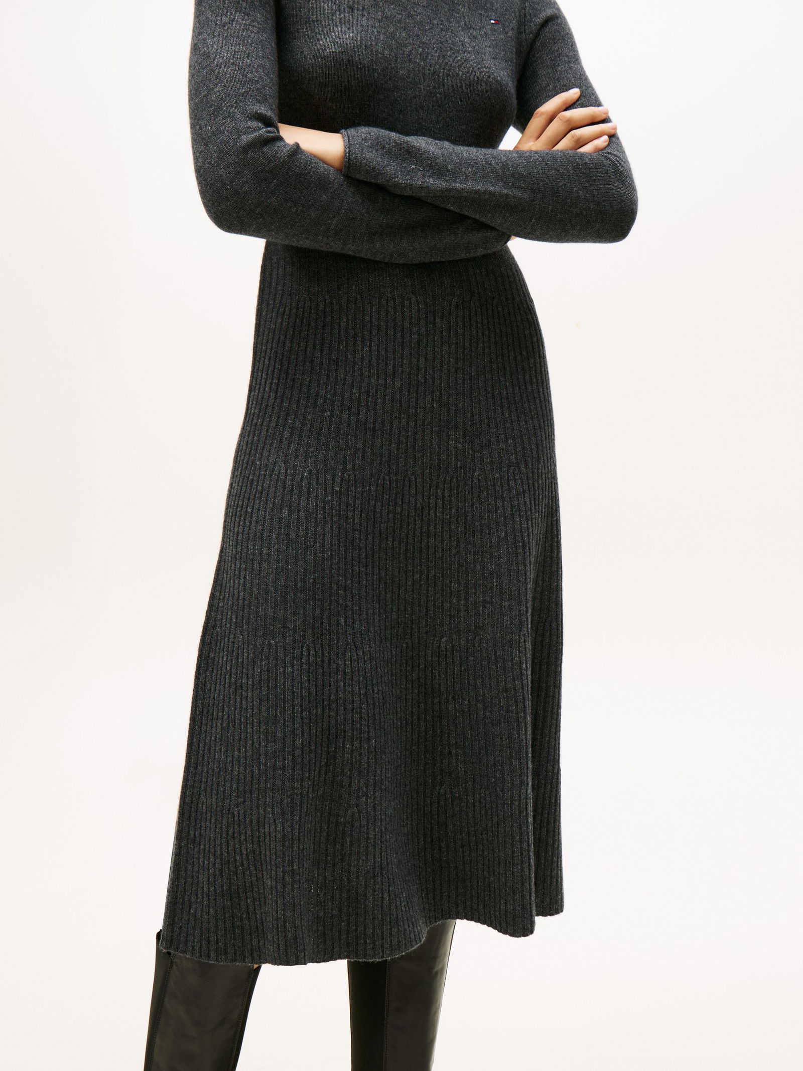 Tommy Hilfiger | SOFT WOOL LS MOCK-NK SWT DRESS | L | dark grey heather / dark night navy