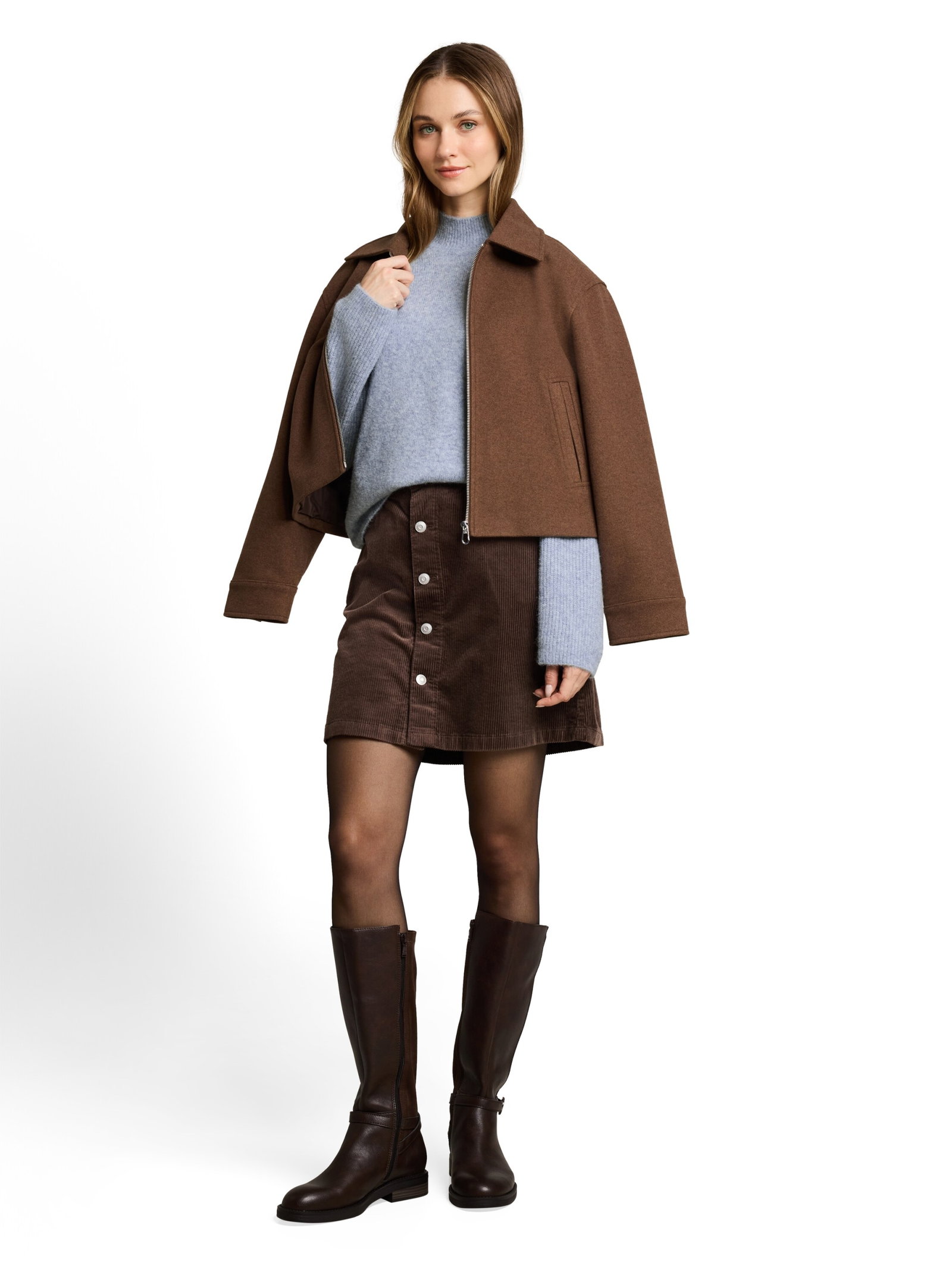 knit mock-neck with saddleshou, foggy sky blue melange #11
