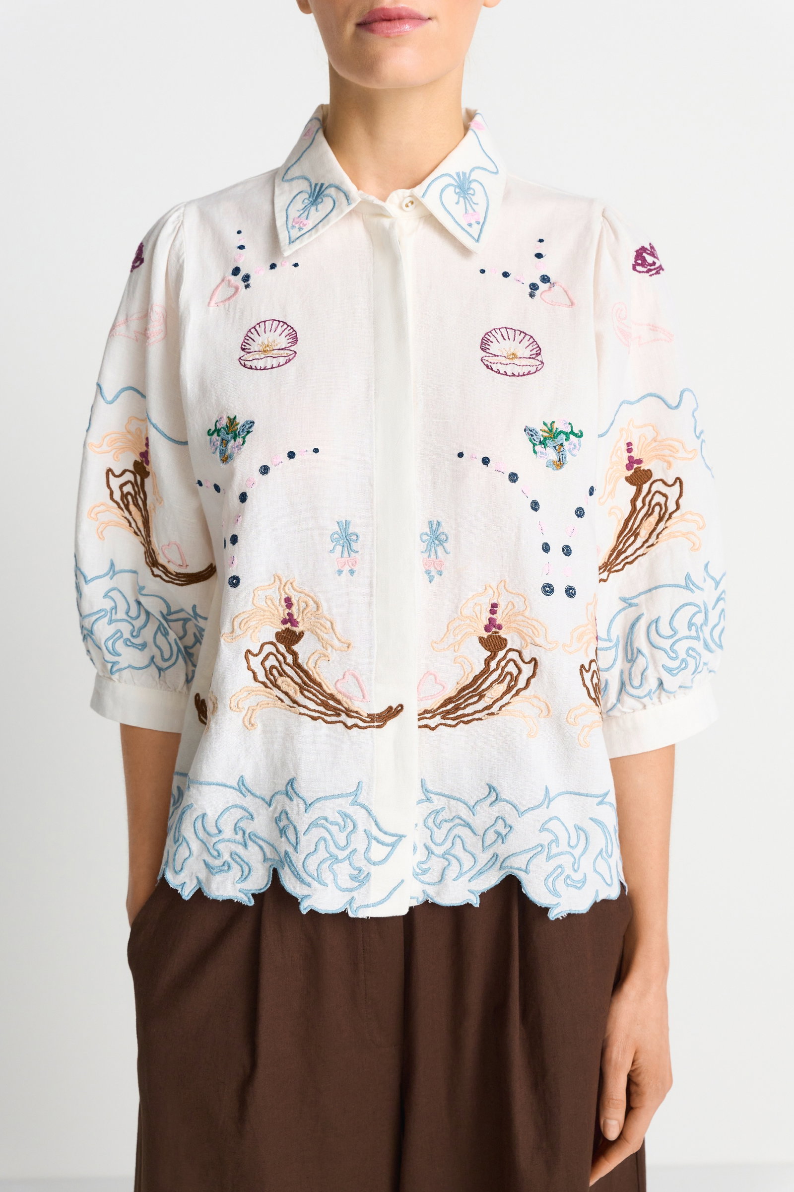 Embroidery Linen Mix Blouse, pearl white #5