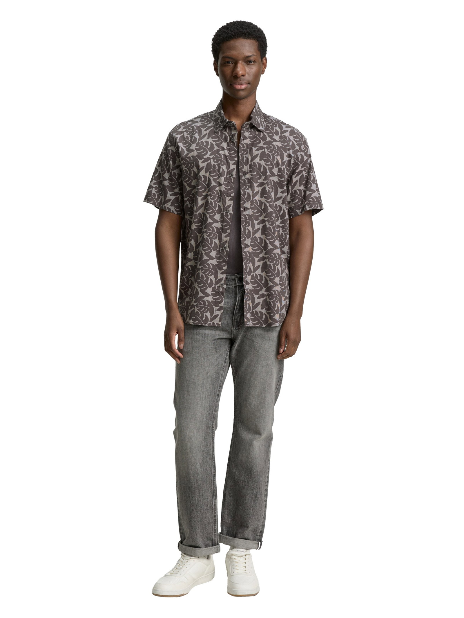 relaxed printed shirt, grey tropical leaf print #3