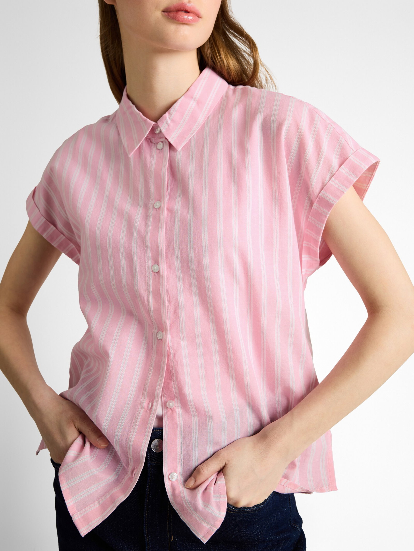 shortsleeve cotton shirt, blush pink stripe #5
