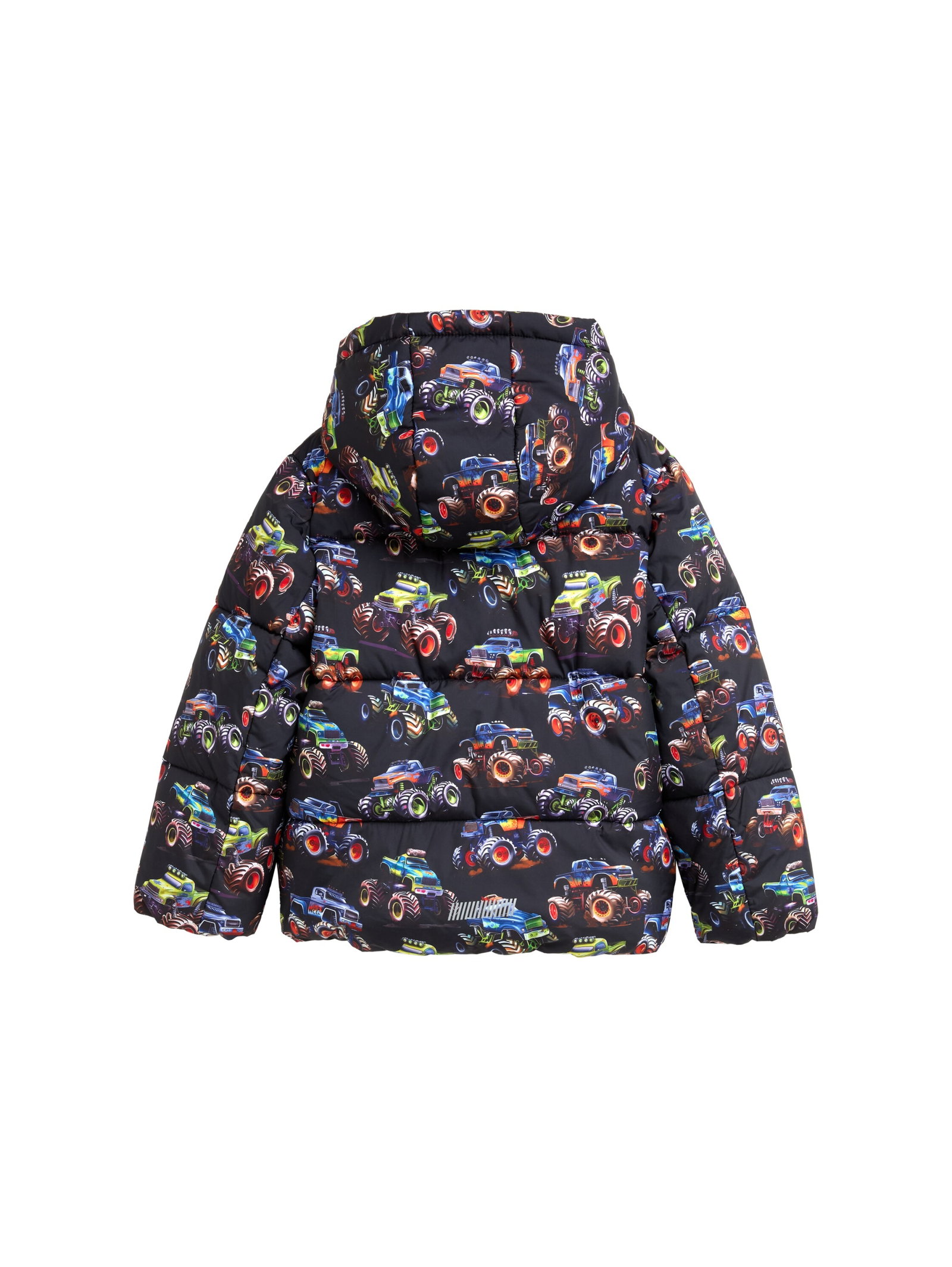 printed puffer jacket, dark multicolor car design #2