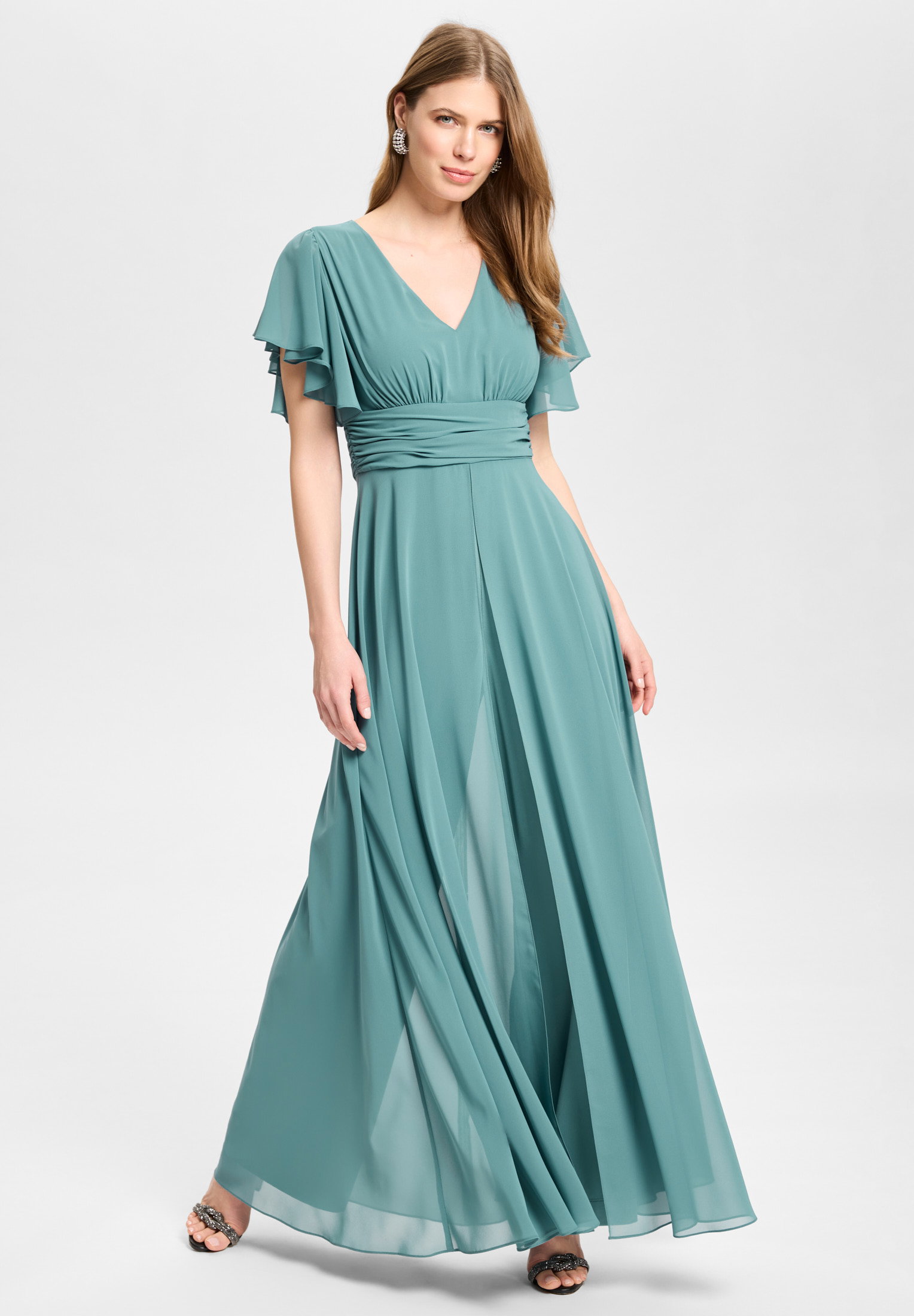 Chiffon Jumpsuit mit Überrock und V, teal green #3
