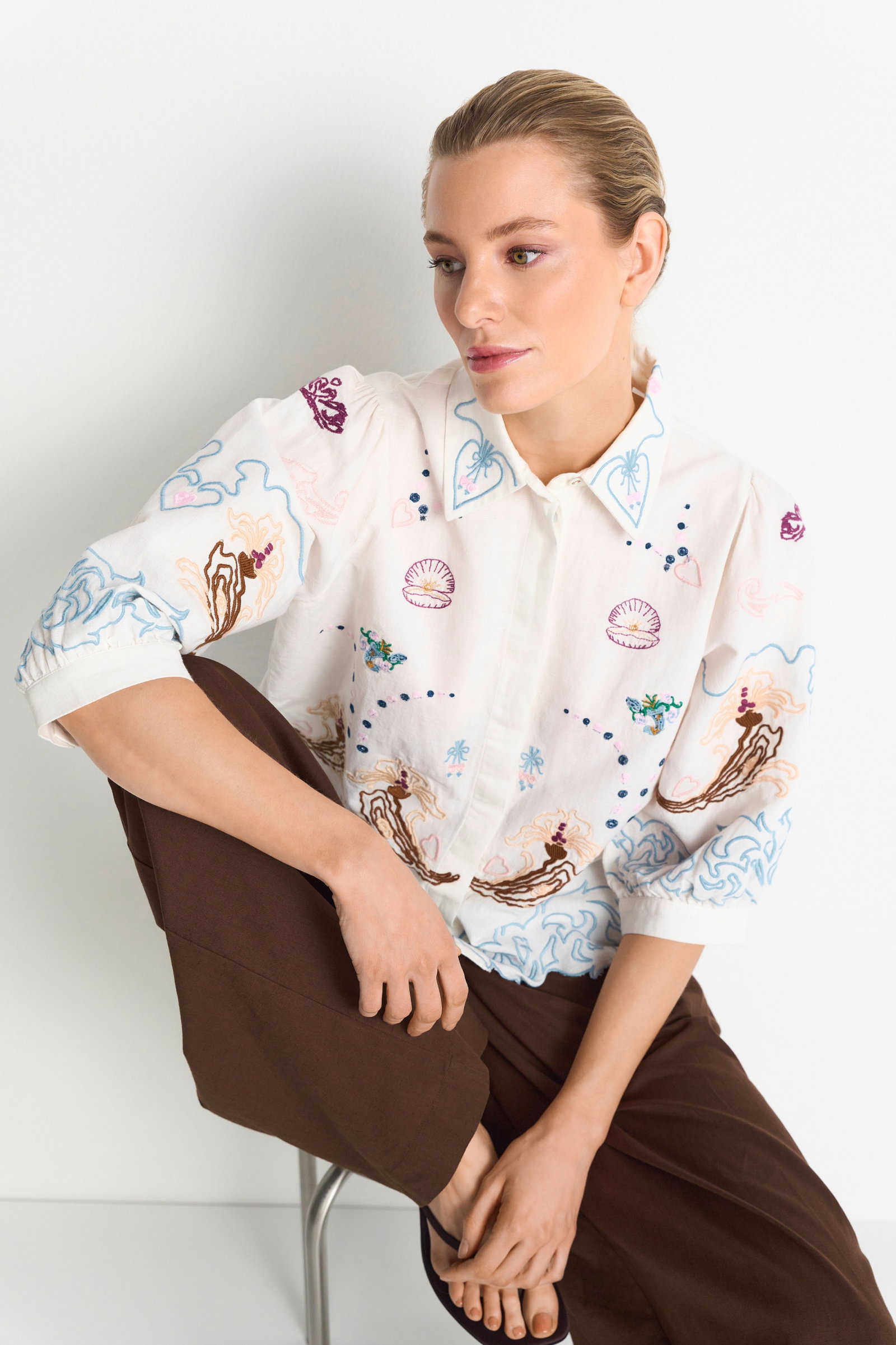 Embroidery Linen Mix Blouse, pearl white #6