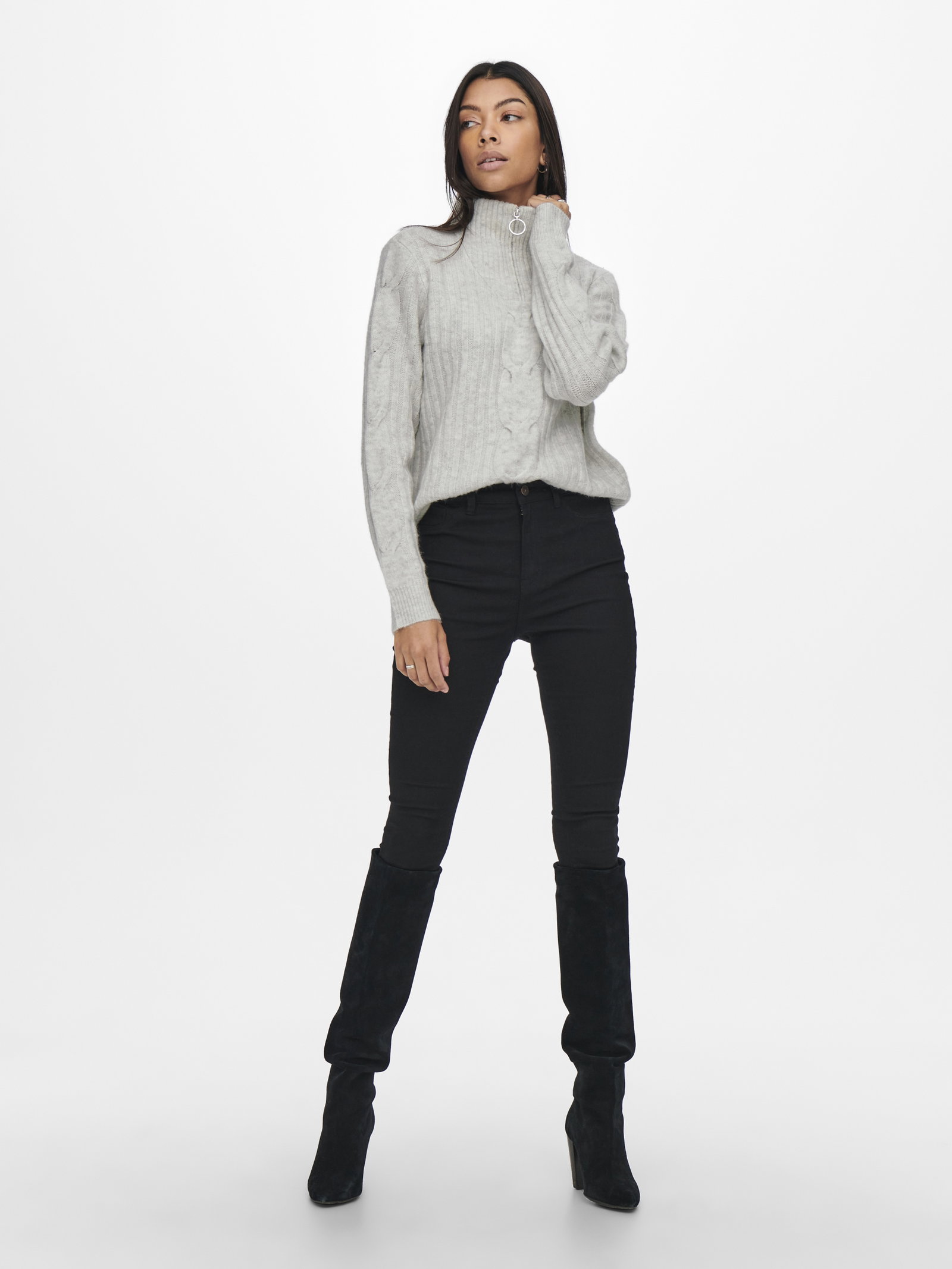 JDYANDREA L/S ZIP CABLE PULLOVE KNT, Super Light Grey Melange #5