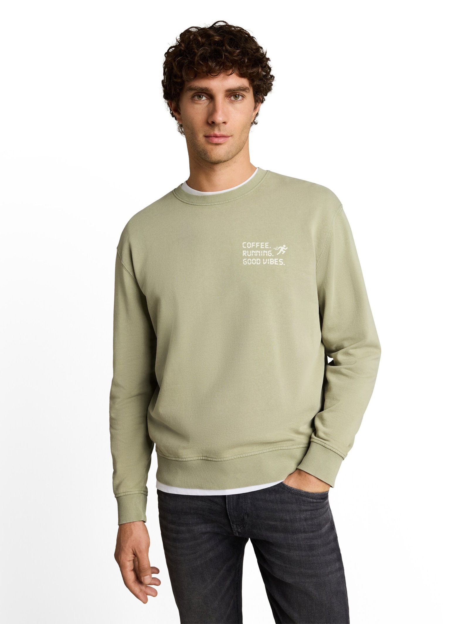 overdye print c-neck sweat, dark sage green #8