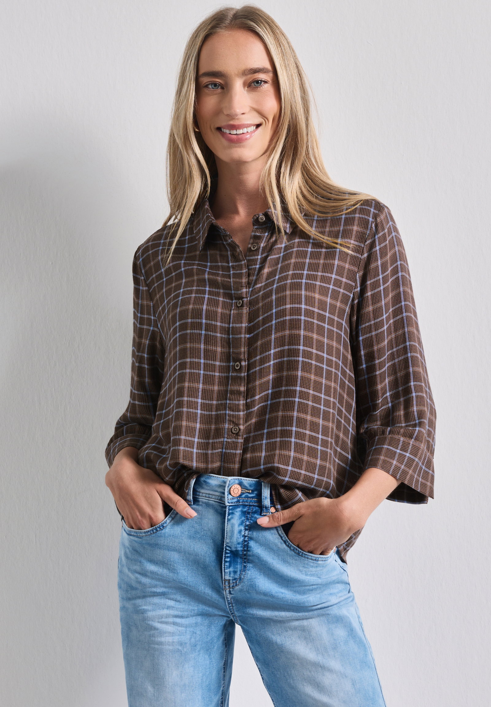LTD QR check shirtcollar blous, silk brown #3