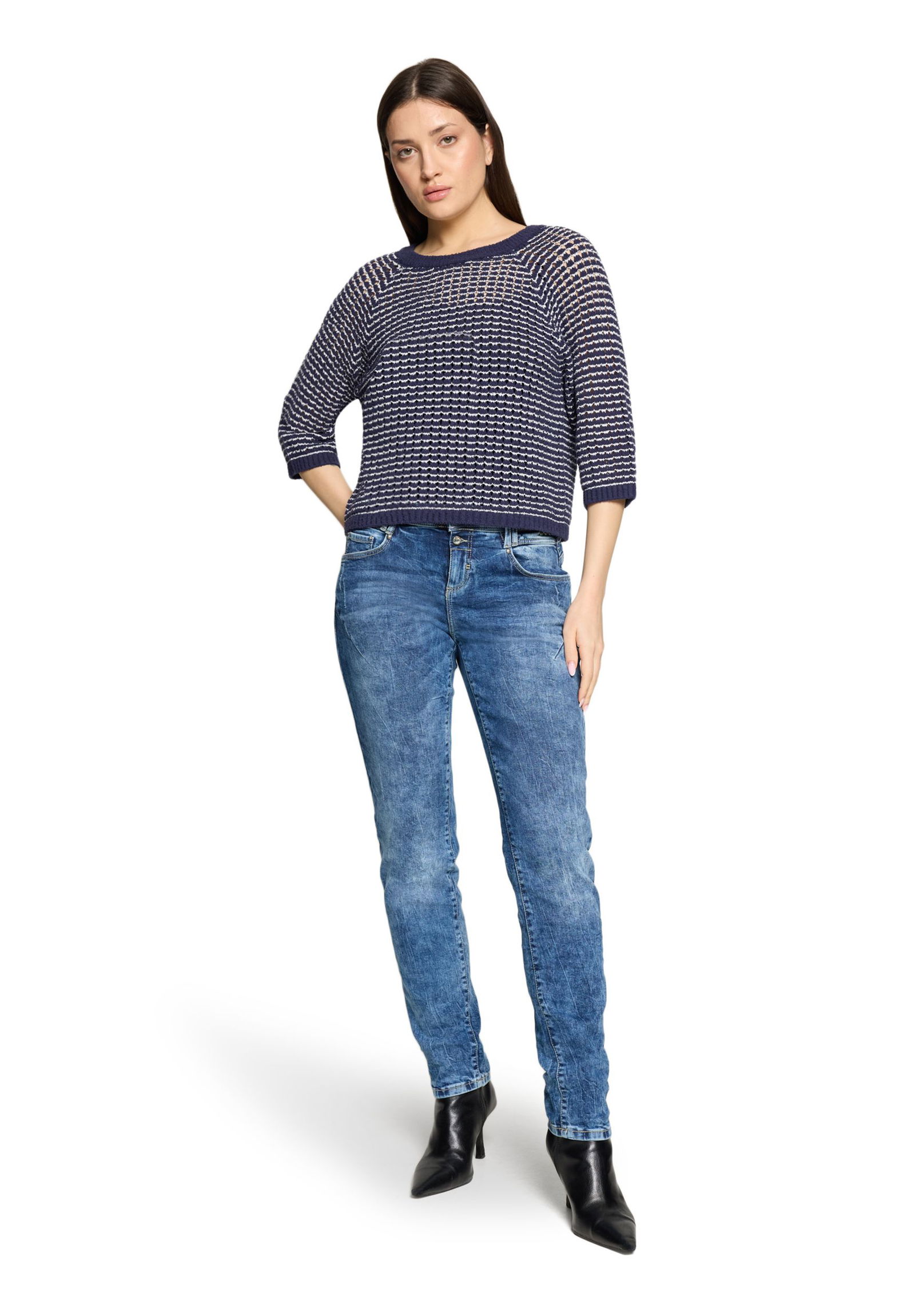 |  Strickpullover Kurz 3/4 Arm, Dark Blue/Cream | 36 | dunkelblau/weiß