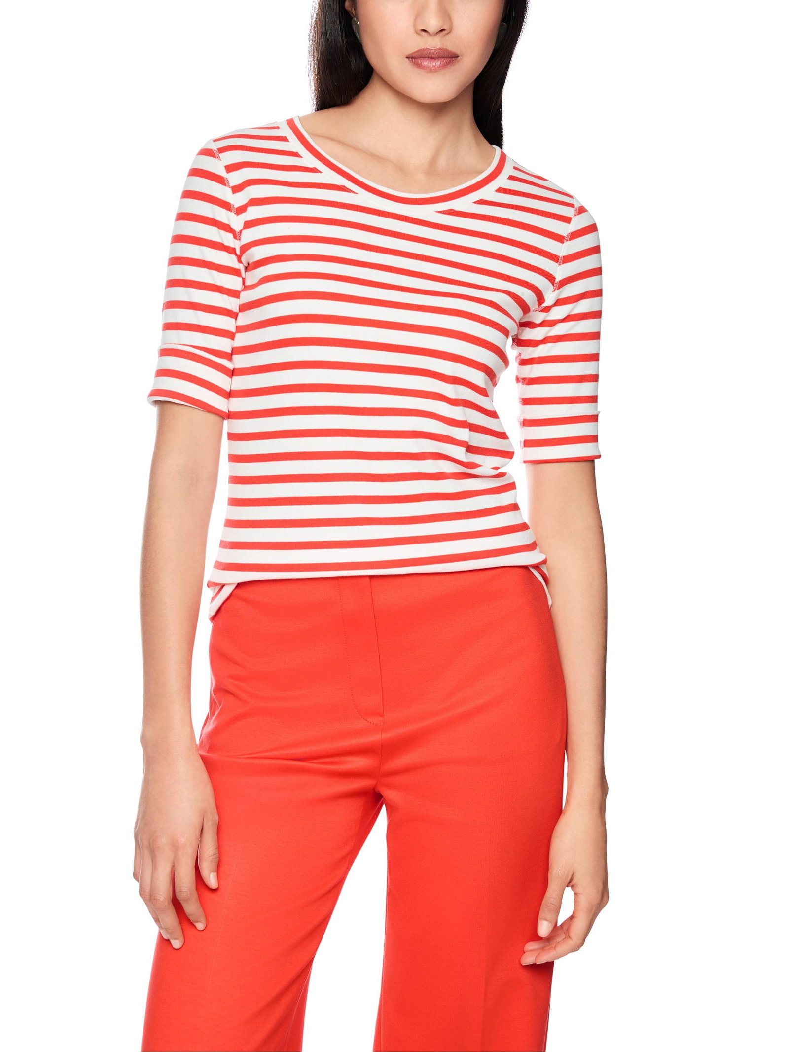 Marc Cain Additions |  Ringel-T-Shirt aus Baumwoll-Ripp | 36 | bright tomato