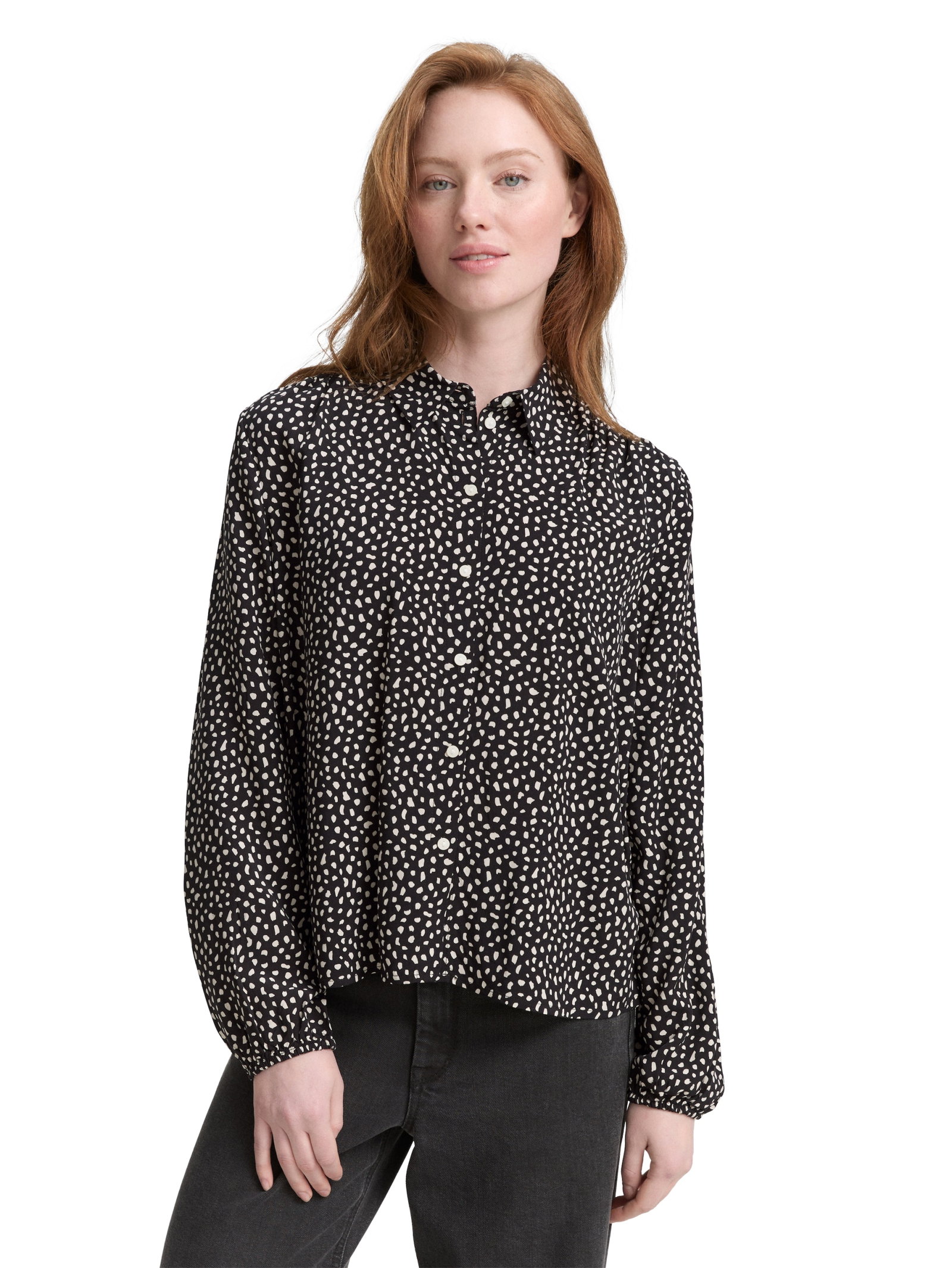 feminine blouse with placket, black white dotted print #5