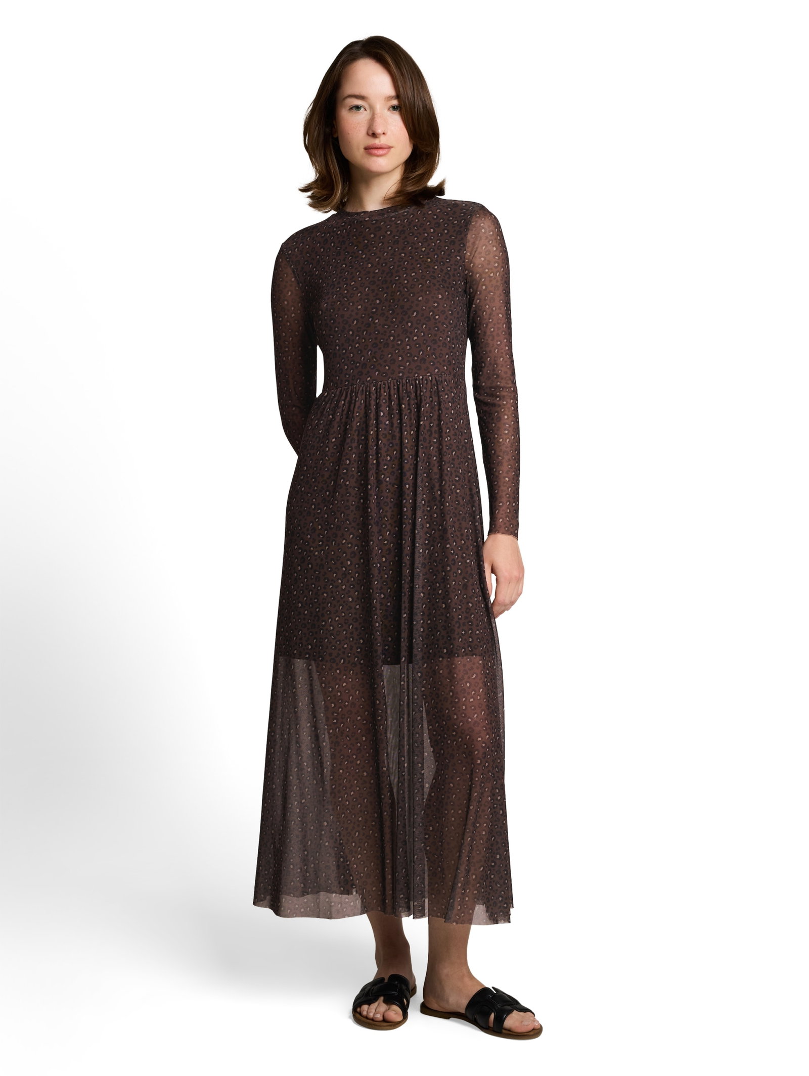 midi mesh dress with short lin, brown black leo print #11