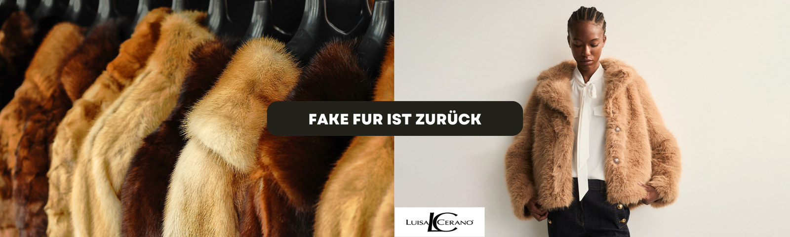 Trendthema - Fake Fur Mode-Trend Fake Fur: Kunstfelljacken in Beige und Braun, Herbst 2025, links Felloptik auf Kleiderstange, rechts Model in moderner Fake Fur Jacke