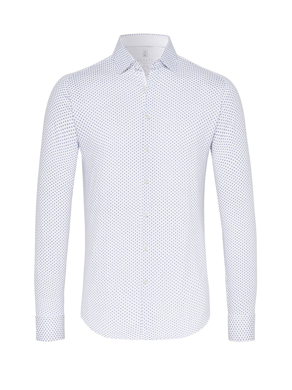 white with blue dots