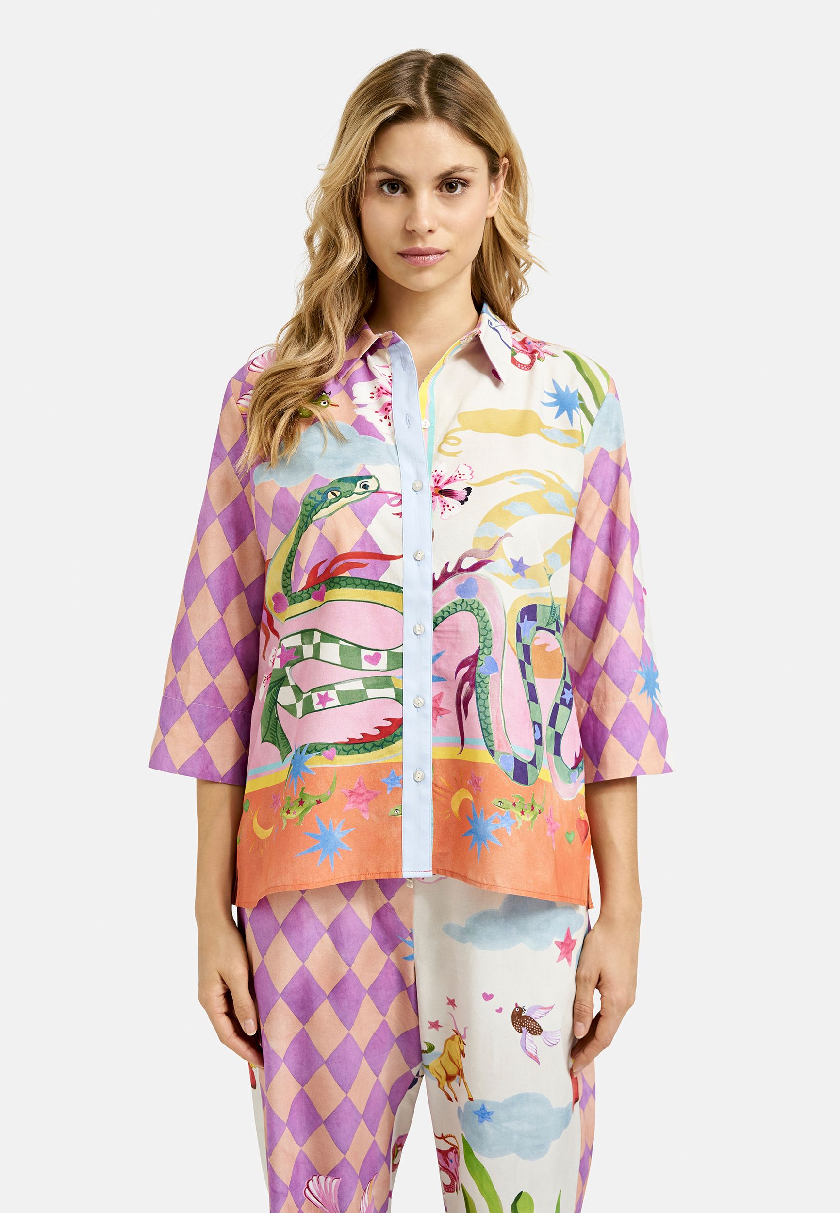  |  ELBOW SLV SHIRT COLLAR BLOUSE, LAVENDER PRINT | S | lavender print
