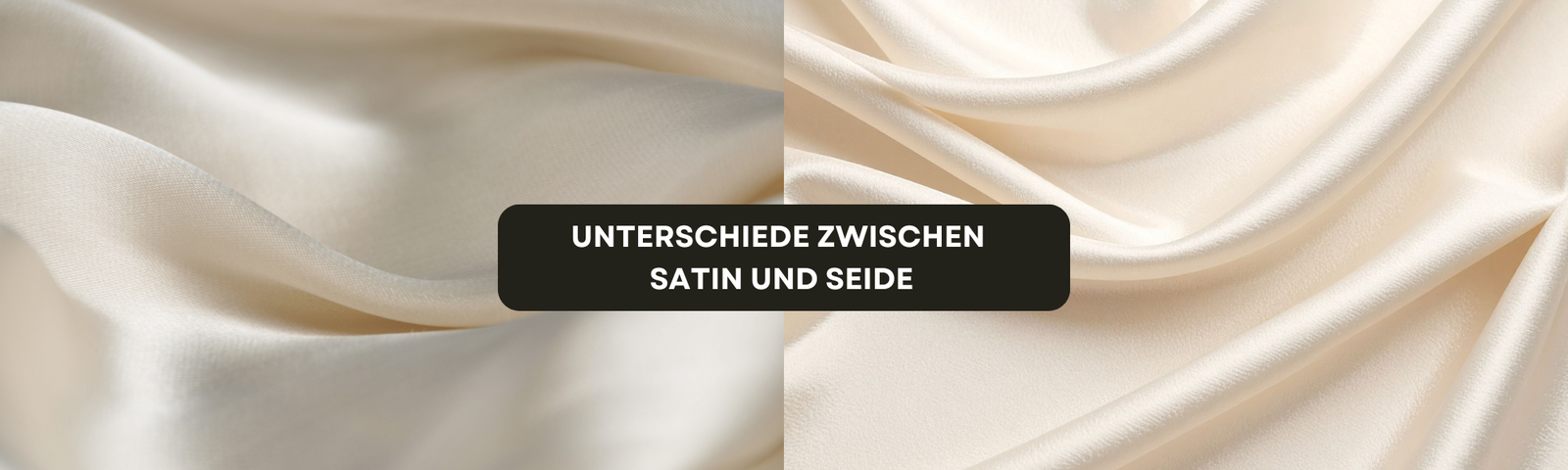 Zwei Stoffe liegen nebeneinander: links matter Satin mit feiner Struktur, rechts glänzende, glatte Seide. In der Mitte steht der Text „Unterschiede zwischen Satin und Seide“.