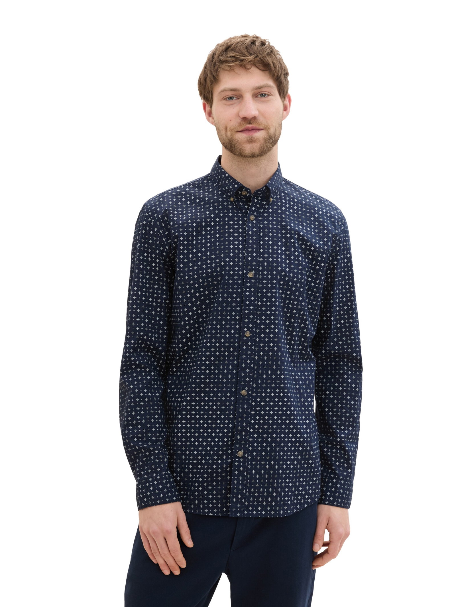 fitted printed poplin shirt, navy white minimal design #10
