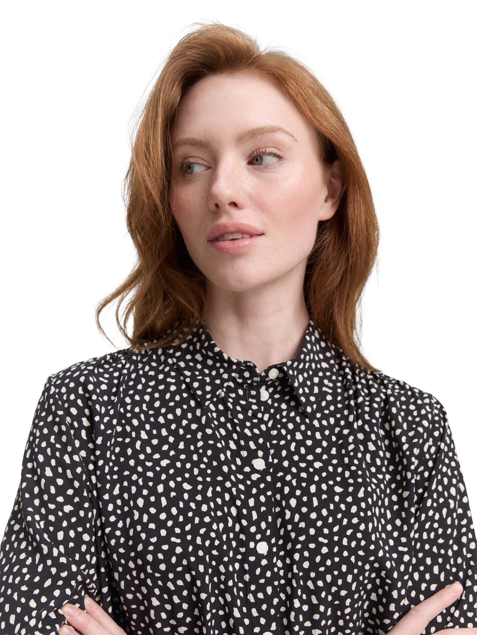 feminine blouse with placket, black white dotted print #6