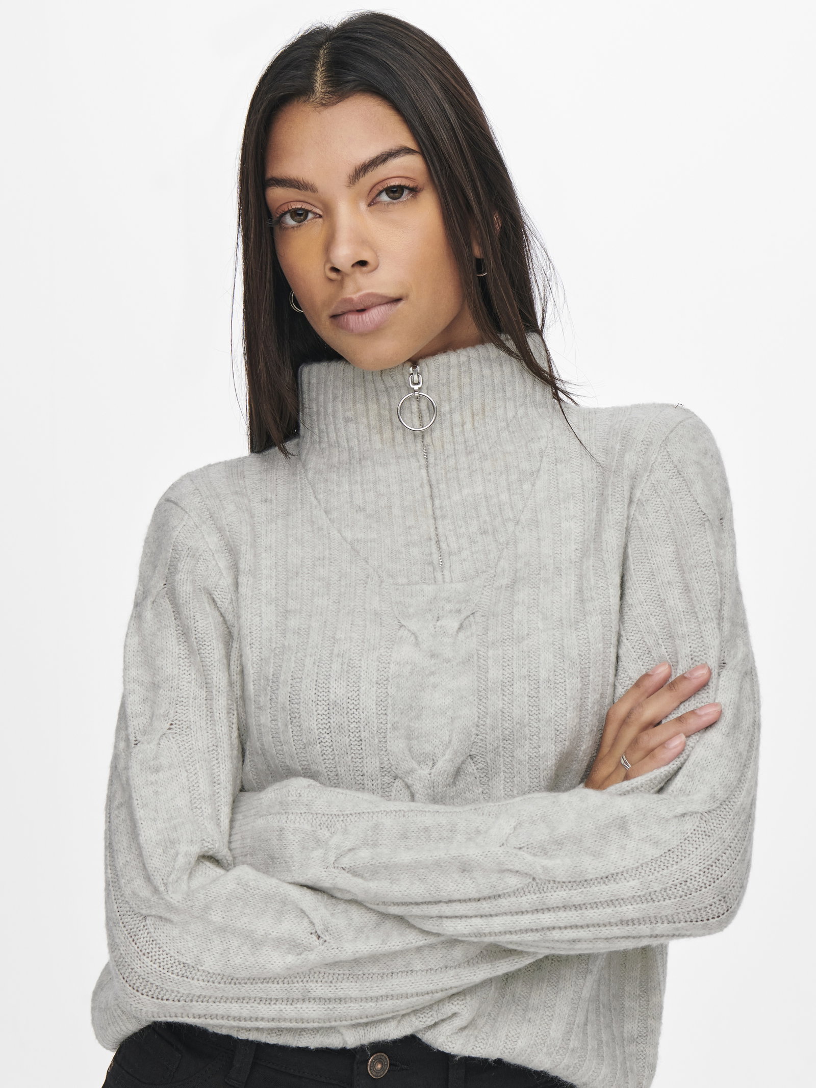 JDYANDREA L/S ZIP CABLE PULLOVE KNT, Super Light Grey Melange #6