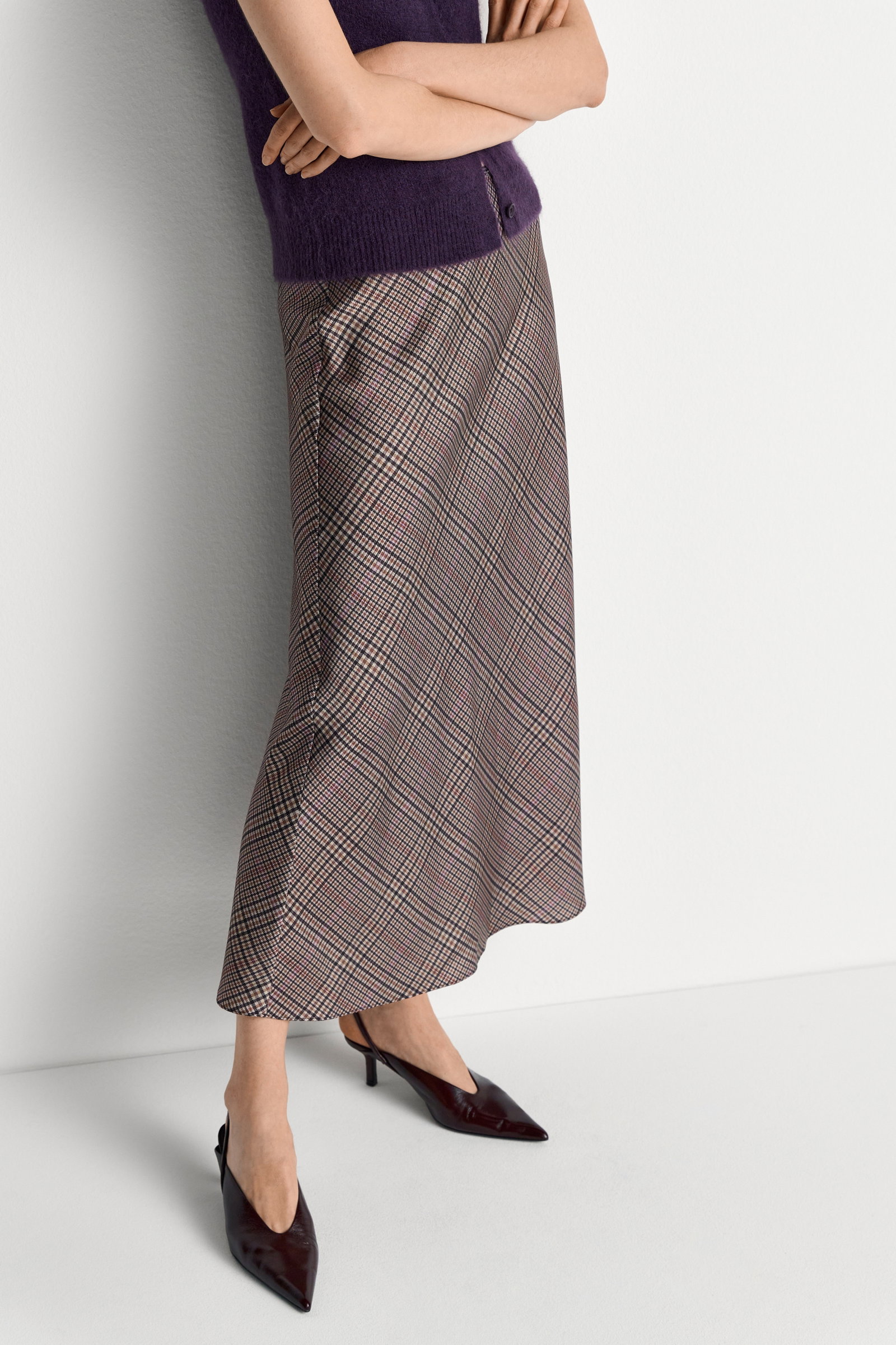 Printed Satin Midi Skirt with Check, hazel #3