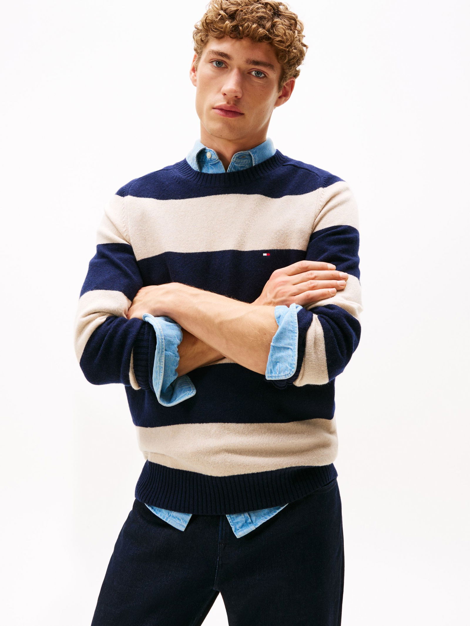  |  LAMBSWOOL CREW NECK, RED | XXL | blue spell / stripe