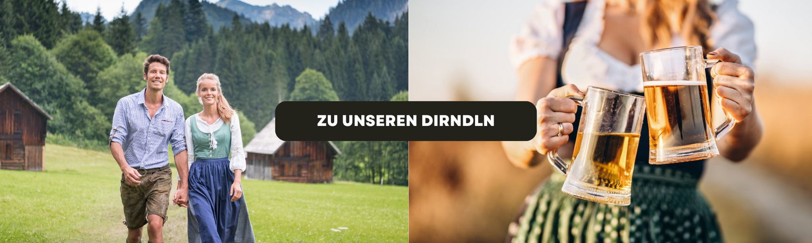 Paar in Trachten vor Bergkulisse und Frau im Dirndl mit zwei Bierkrügen